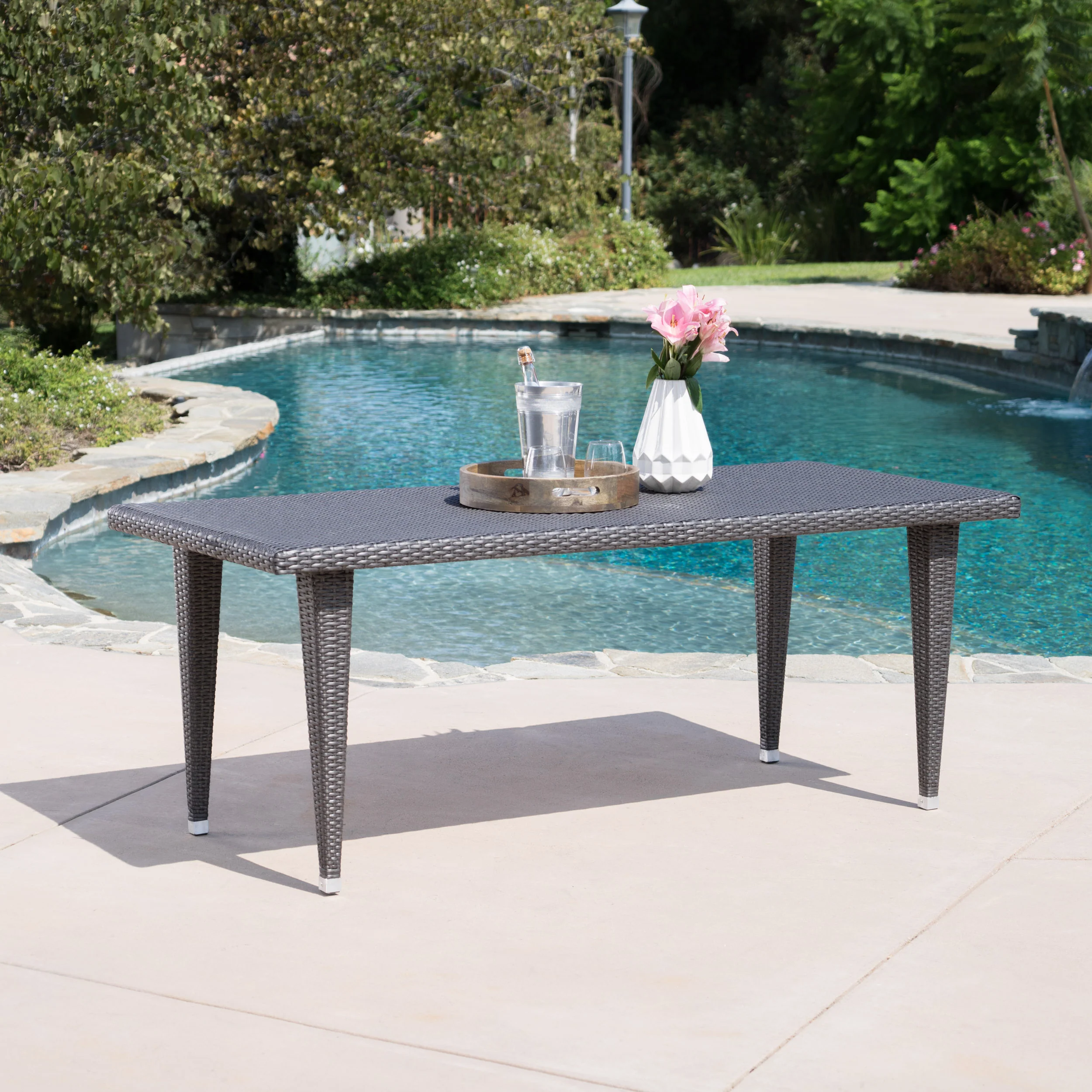 Domina Outdoor 73.5-inch Gray Wicker Rectangular Dining Table - furnishings