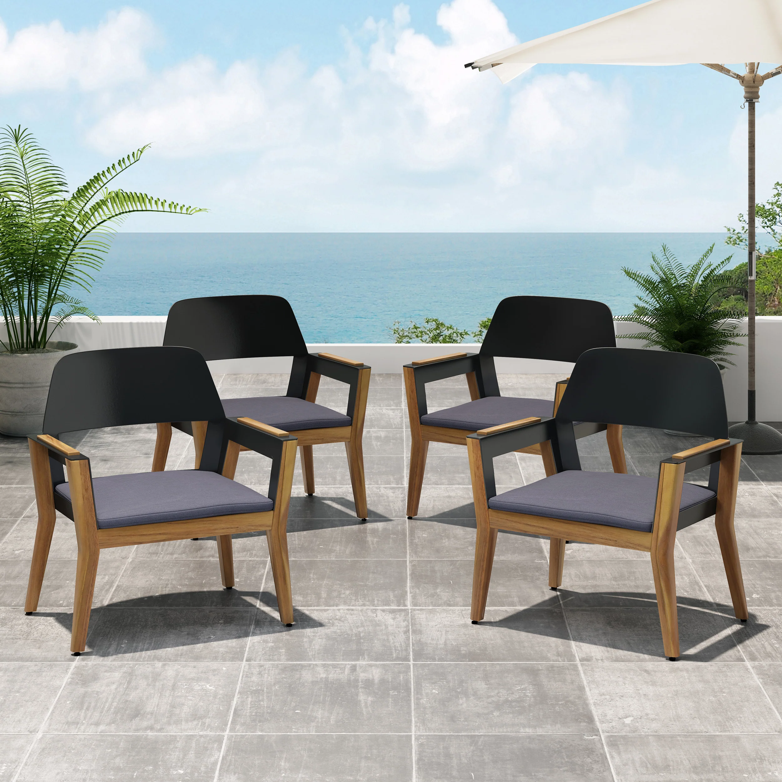 Osean Outdoor Acacia Wood Club Chairs with Cushion (Set of 4) - furnishings