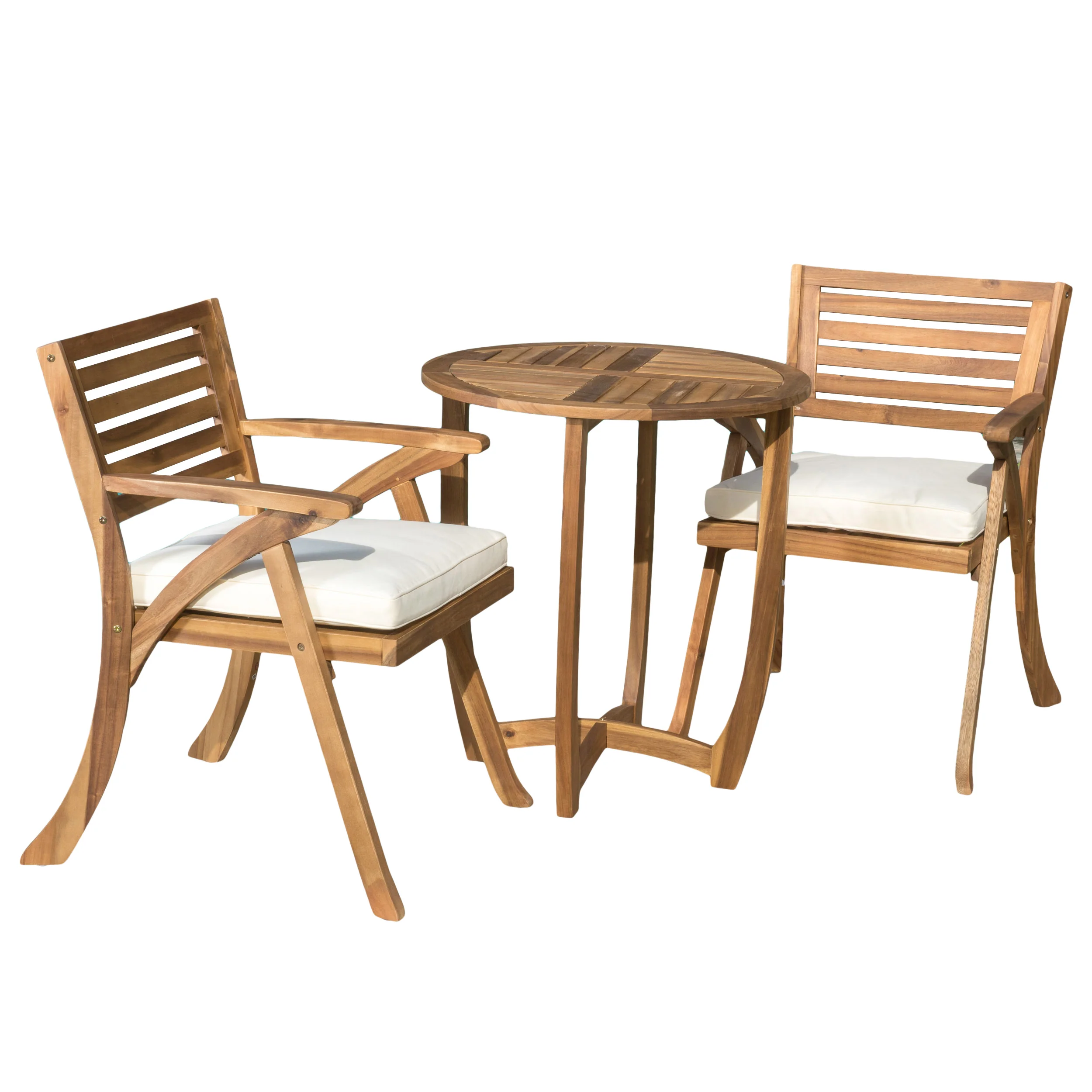 CoastSide Outdoor 3-Piece Teak Finish Acacia Wood Bistro Set with Cream Cushions - furnishings