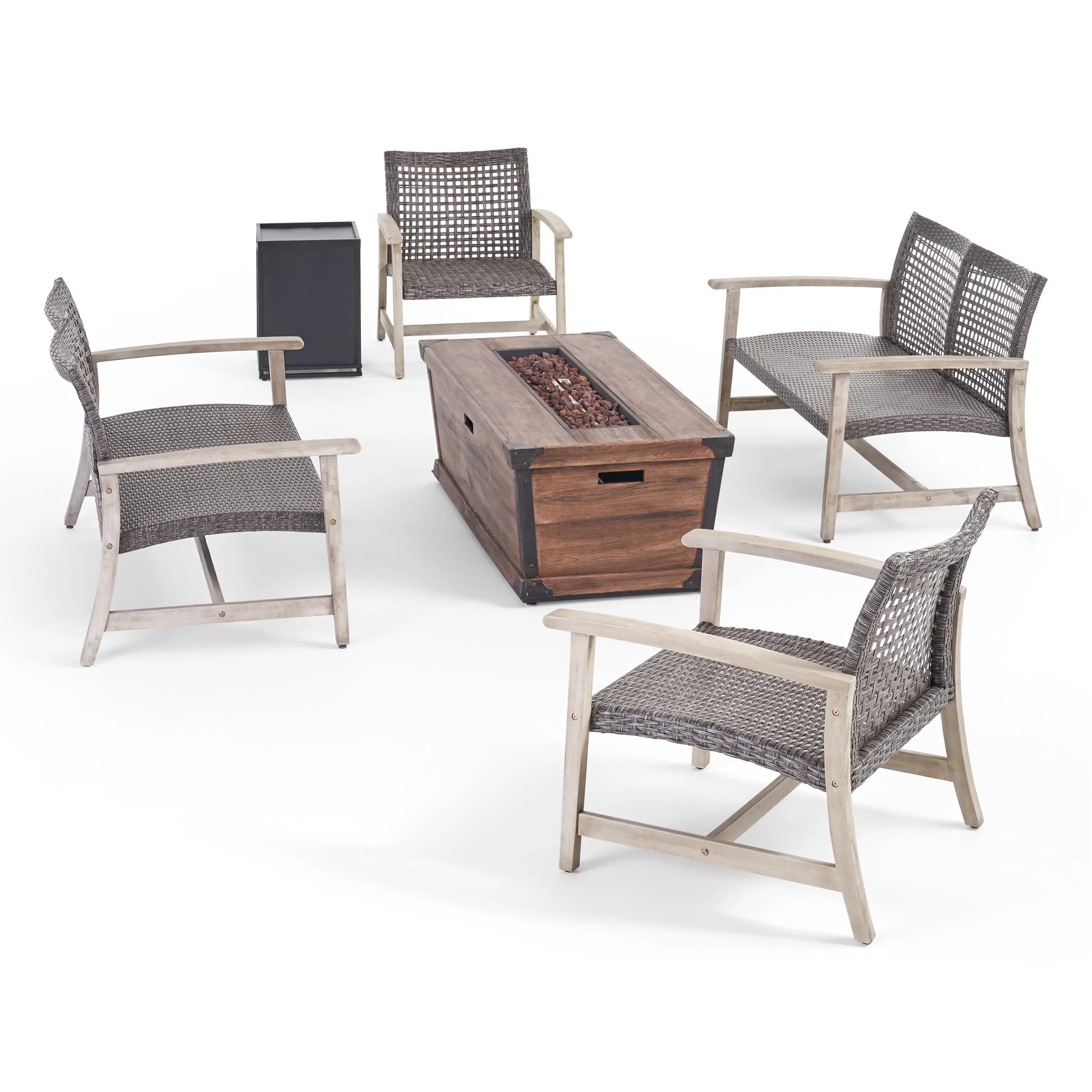 Levant Outdoor 4 Piece Wood and Wicker Chat Set with Fire Pit - furnishings