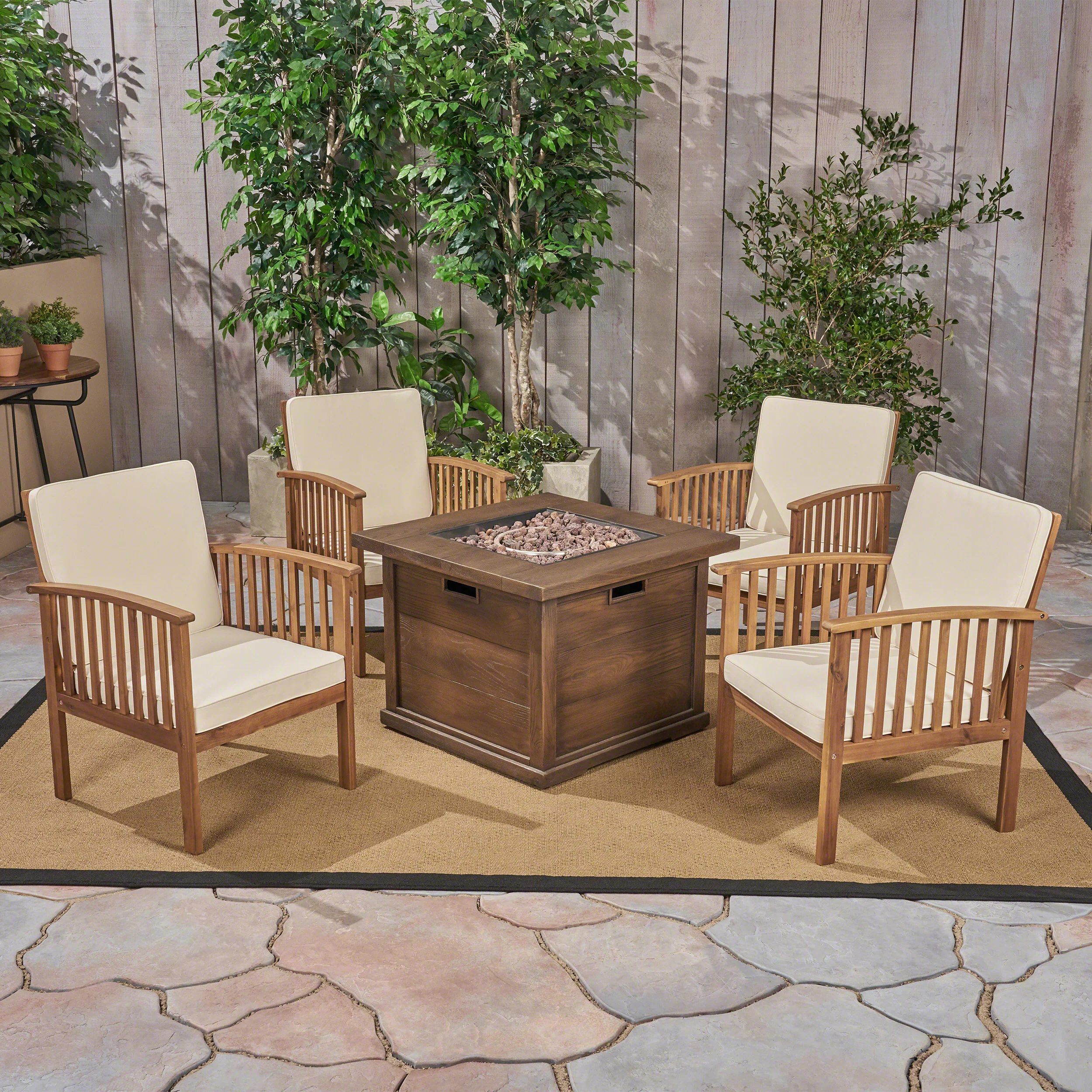 Cape Outdoor 4-Seater Acacia Wood Club Chairs with Firepit - furnishings