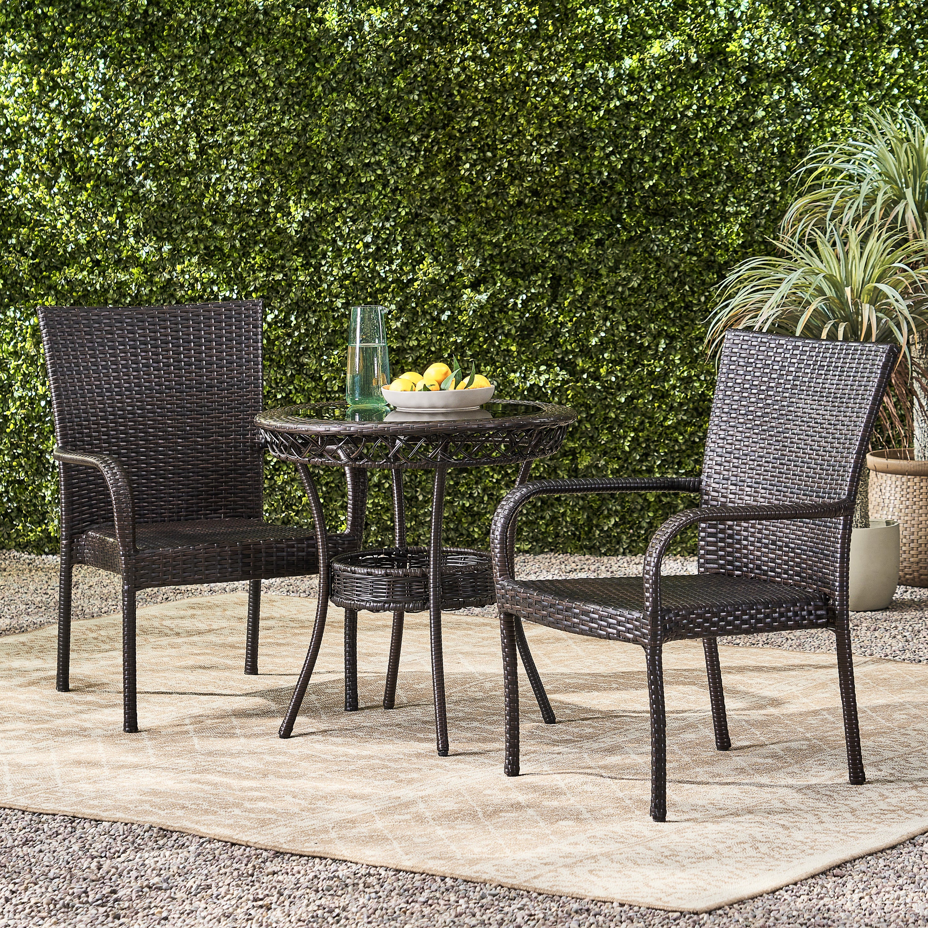 Ferndale Outdoor 3-Piece Multi-Brown Wicker Bistro Set with Tempered Glass Top - furnishings