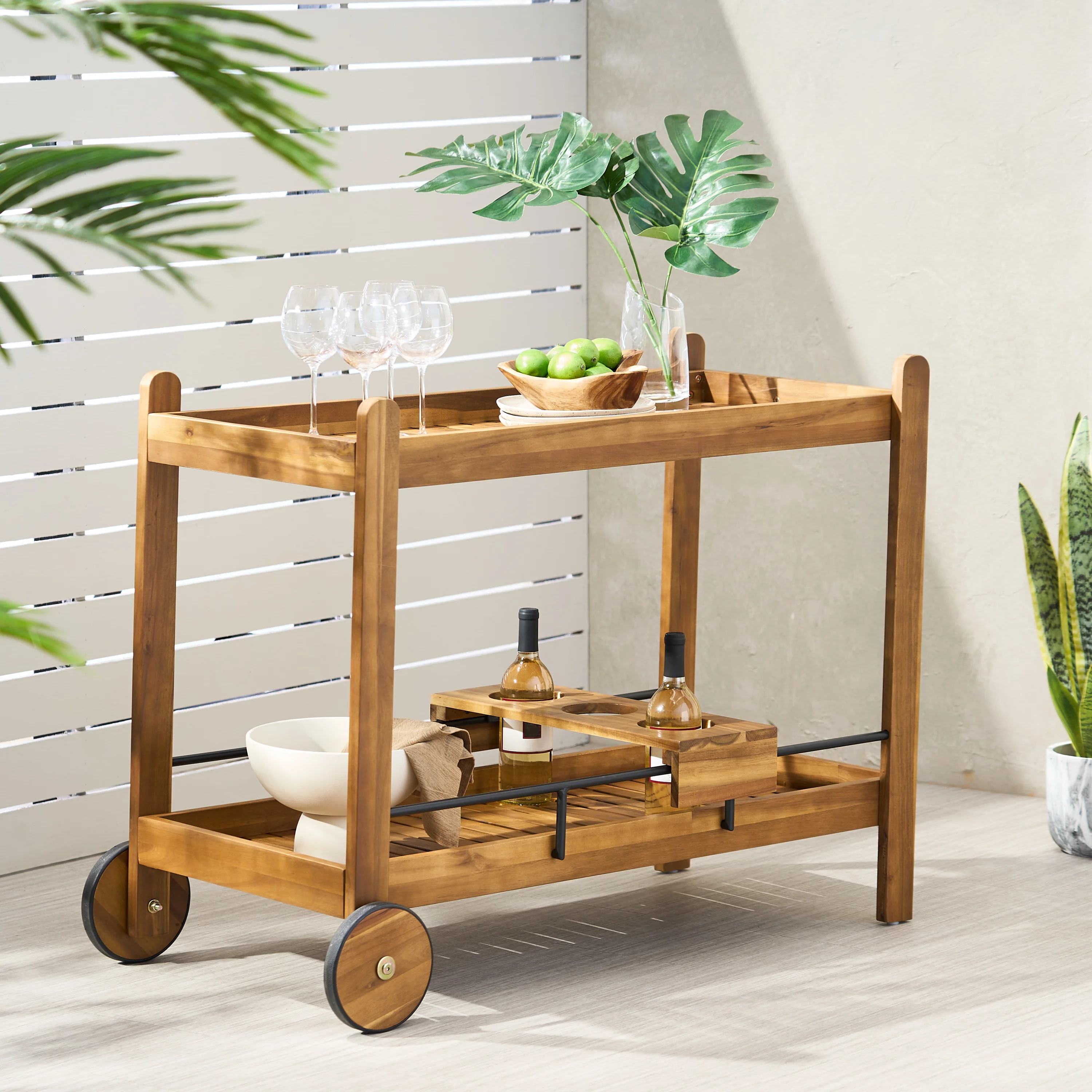Bonneau Outdoor Acacia Wood 2 Tiered Bar Cart with Bottle Holders, Teak and Black - furnishings