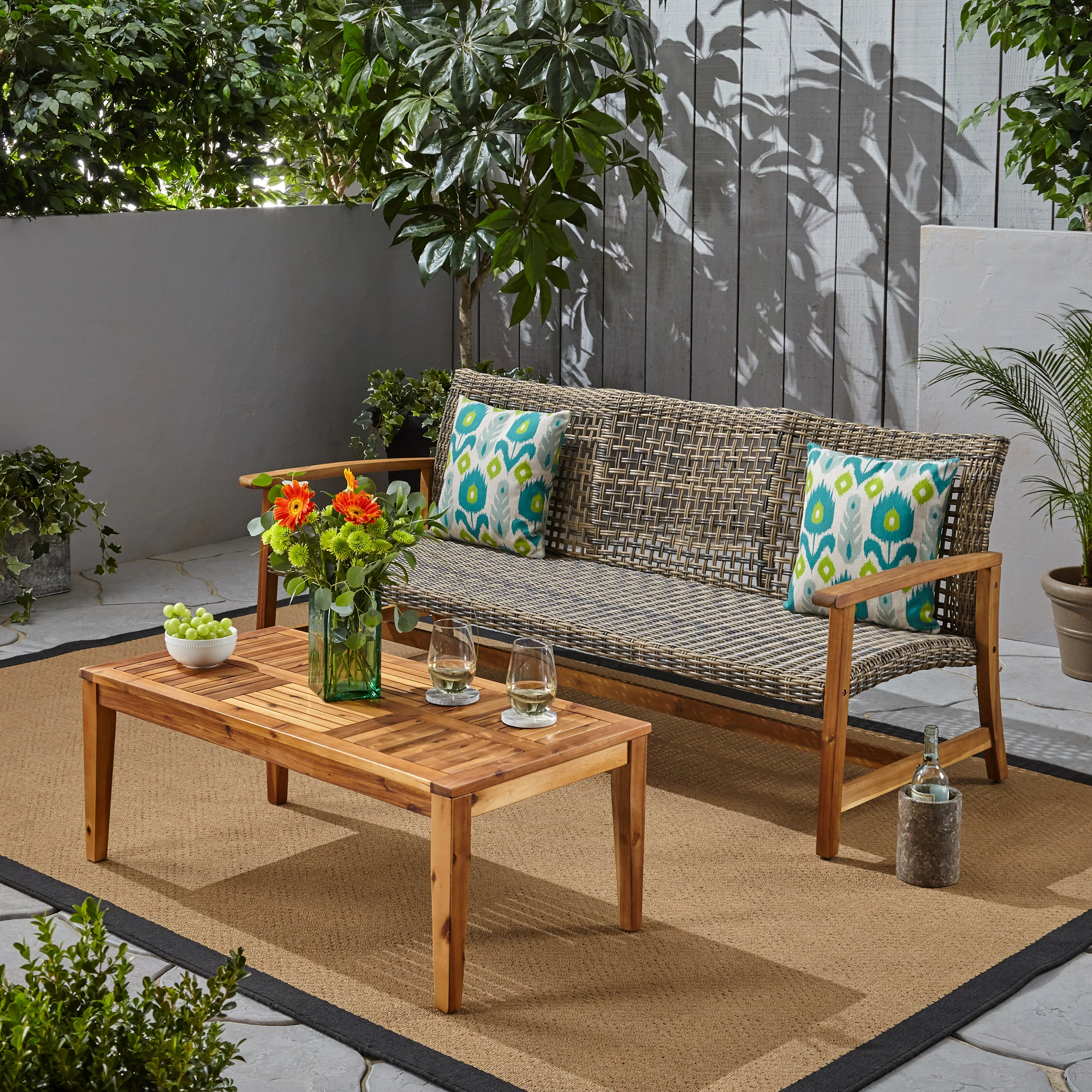 Beacher Belloc Outdoor Wood and Wicker Sofa and Coffee Table Set - furnishings