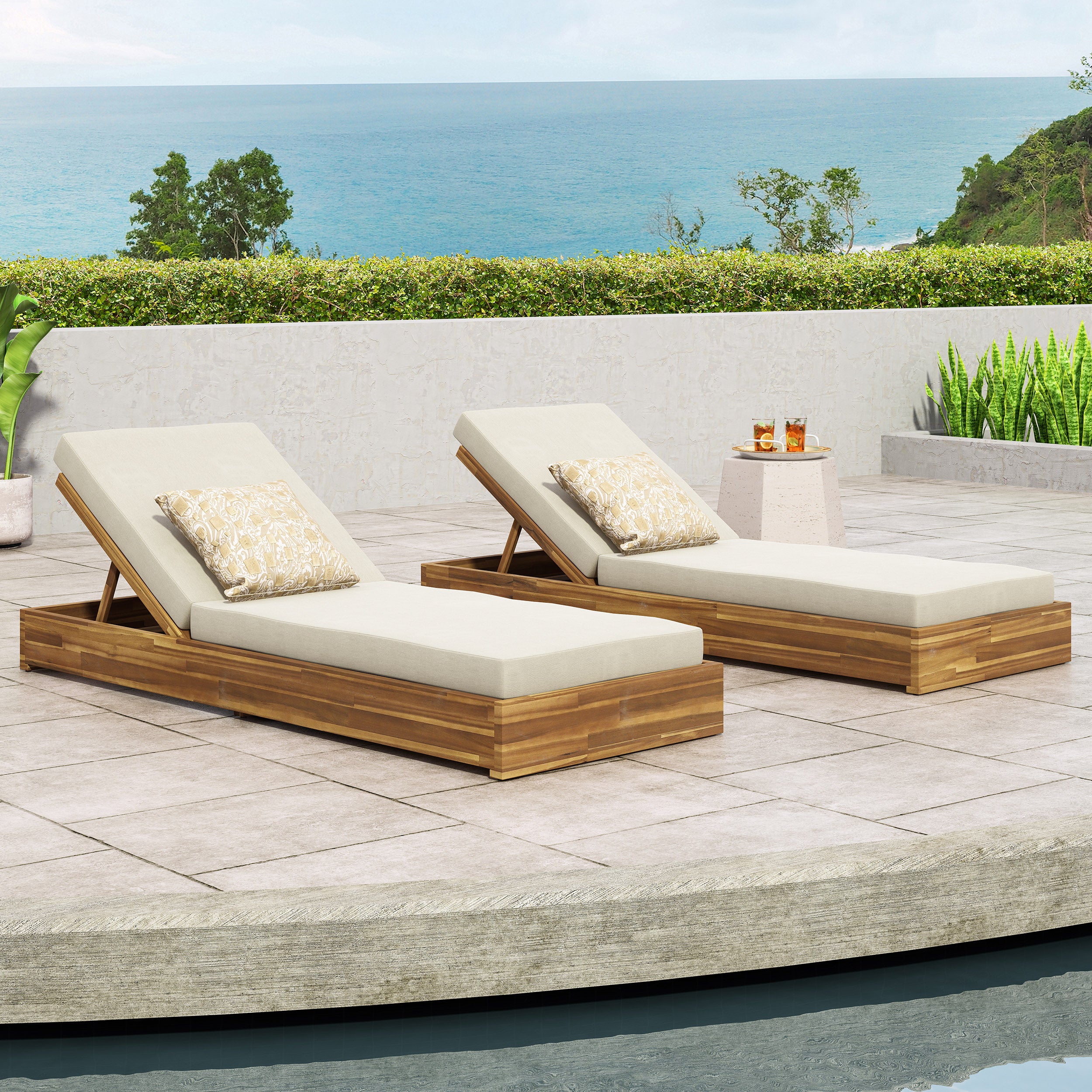 Niyanna Outdoor Acacia Wood Chaise Lounge with Cushion (Set of 2) - furnishings