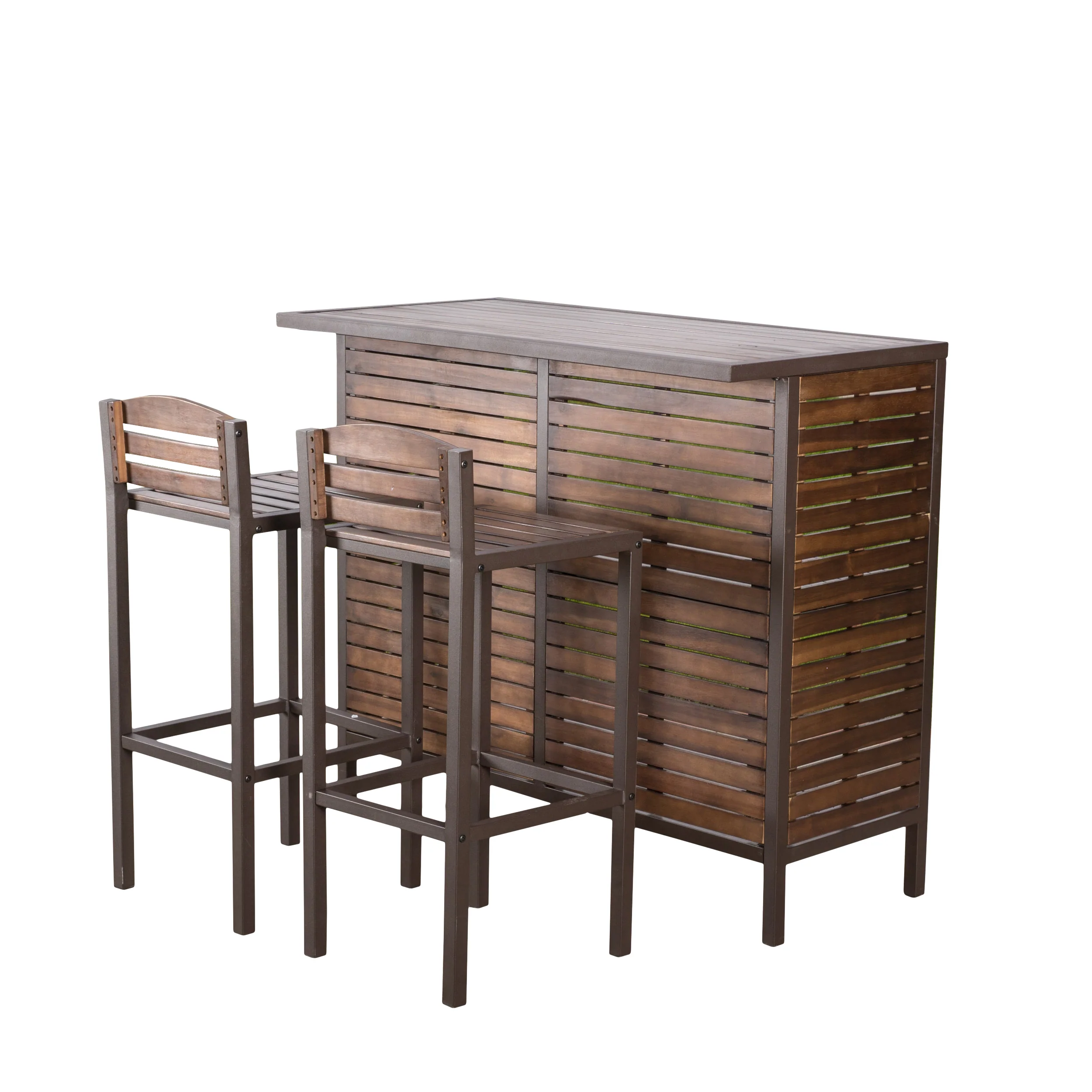 Isabel Dark Brown Acacia Wood & Rustic Metal Bar With 30-Inch Barstools - furnishings
