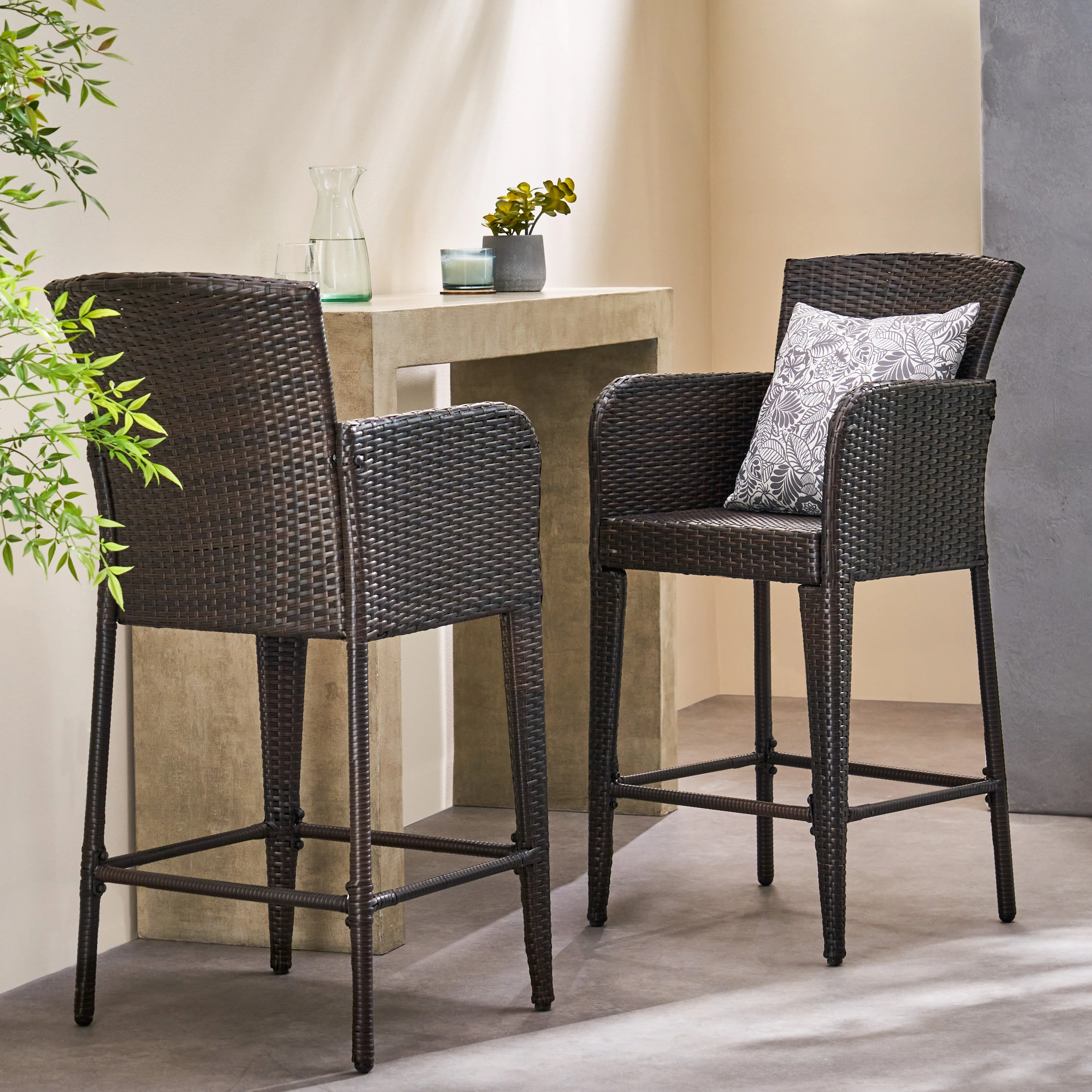 Welmas 28-Inch Contemporary Outdoor Multibrown Wicker Barstool - furnishings
