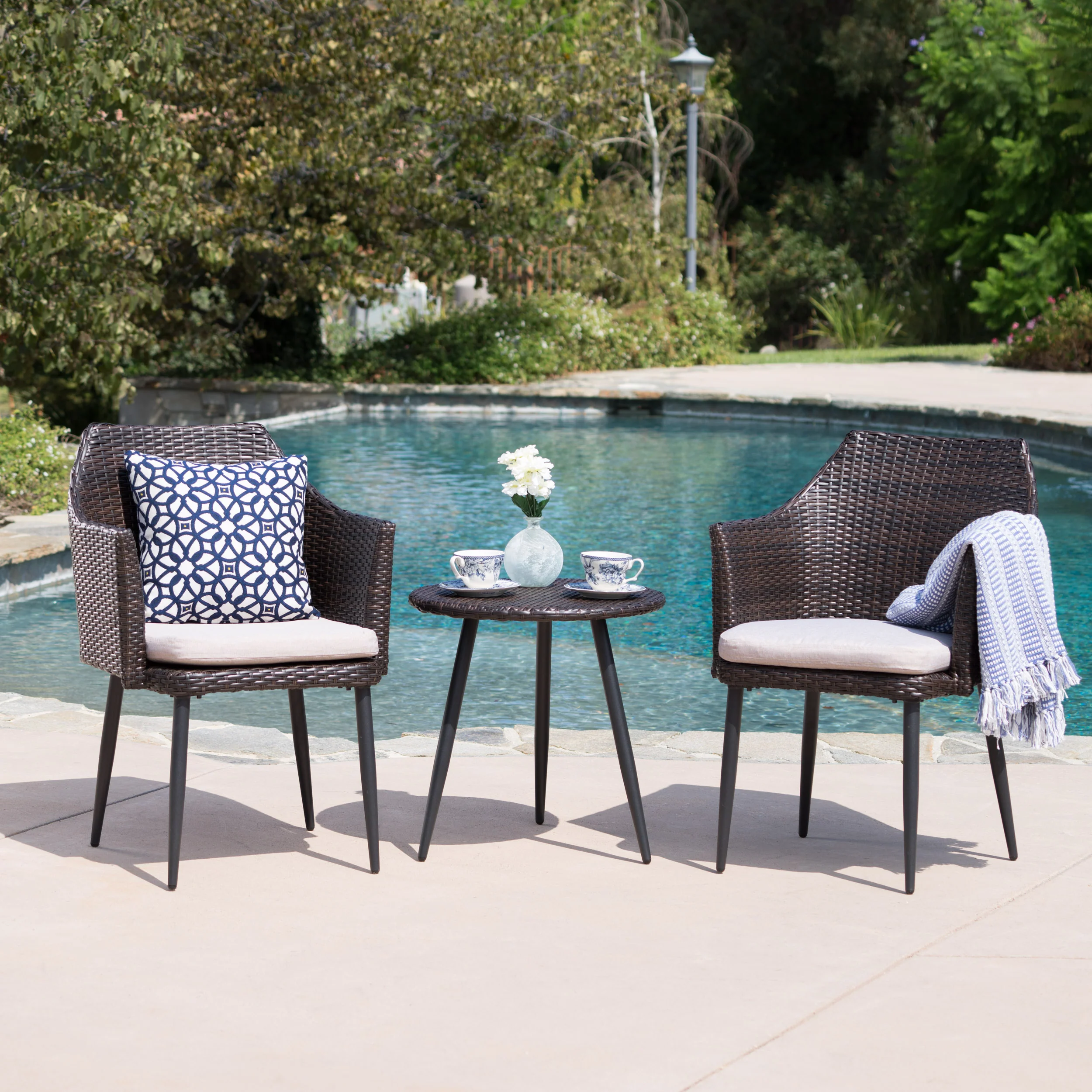 Ibiza Outdoor 3 Piece Wicker Chat Set with Water Resistant Cushions - furnishings