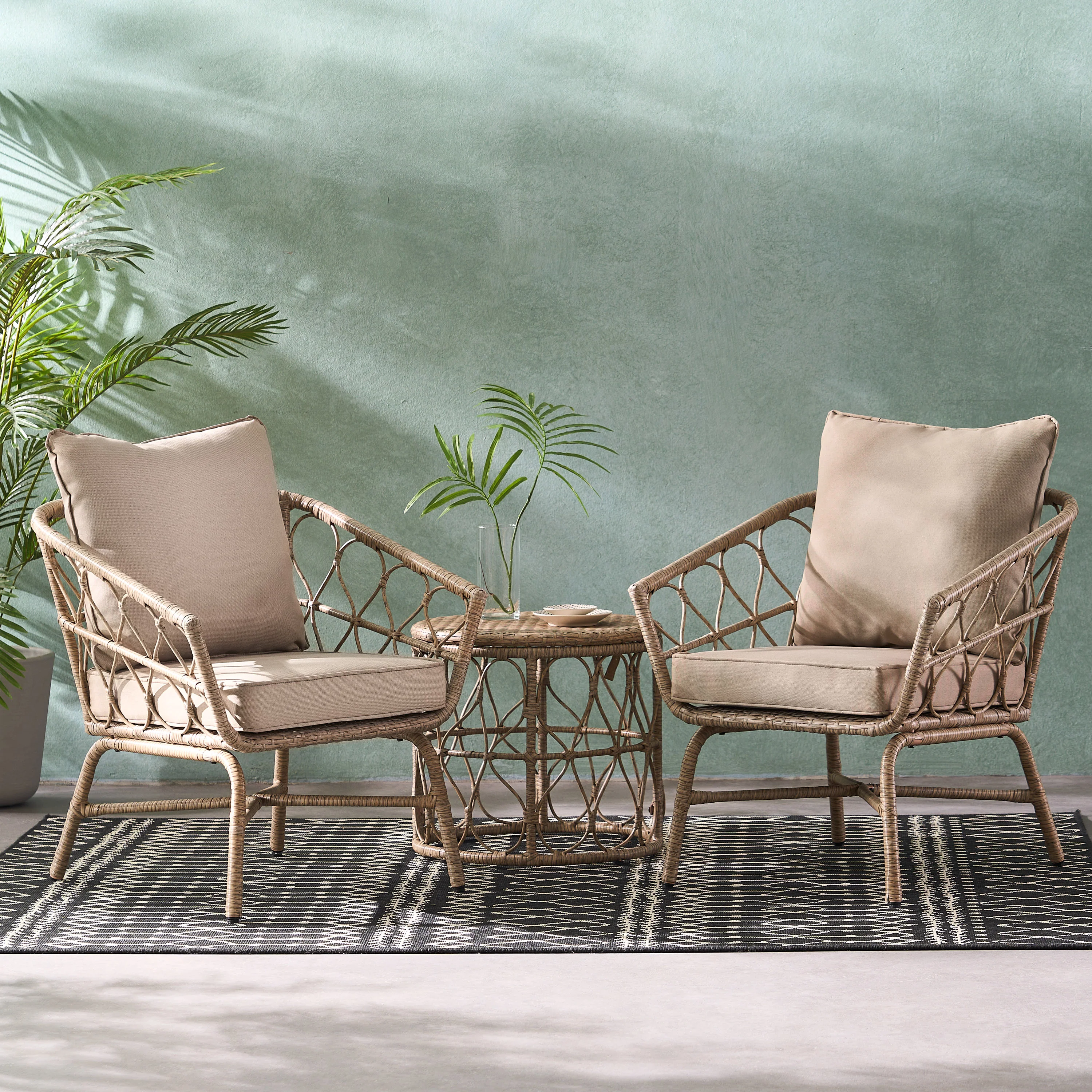 Colmar Outdoor Wicker 3 Piece Chat Set with Cushions, Light Brown and Beige - furnishings
