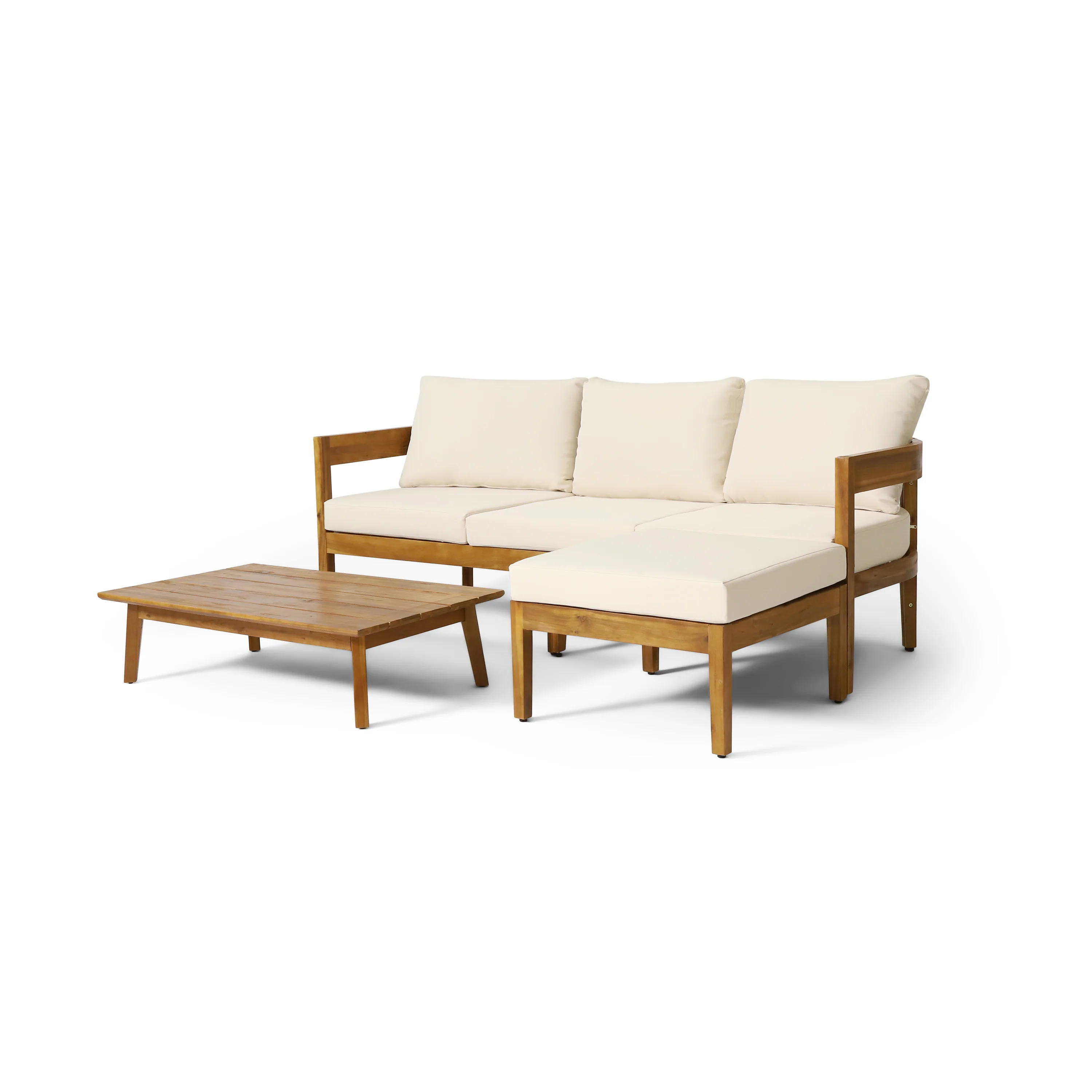 Brooklyn Outdoor Acacia Wood 3 Seater Sofa Chat Set with Ottoman, Teak and Beige - furnishings