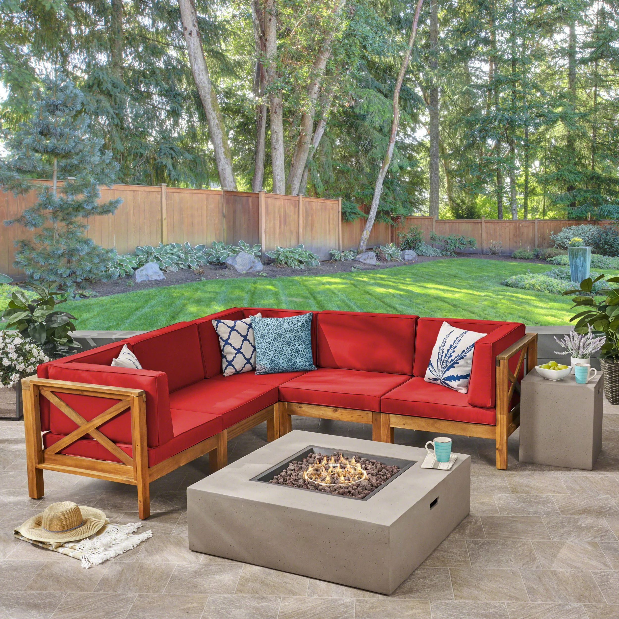 Cynthia Outdoor Acacia Wood 7-Piece Sectional Sofa Set with Fire Pit - furnishings