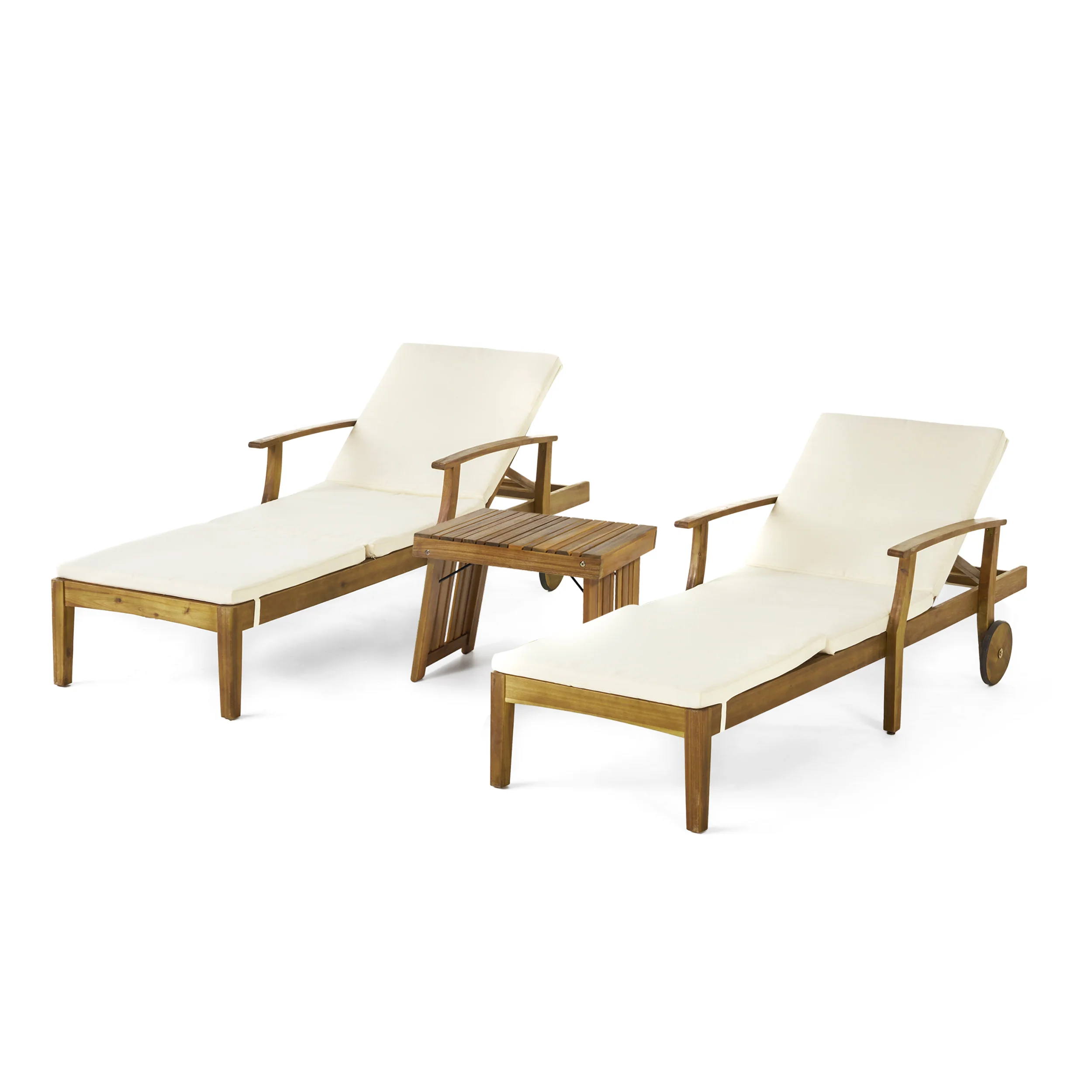 Capri Outdoor Acacia Wood 3 Piece Chaise Lounge Set with Water-Resistant Cushions - furnishings