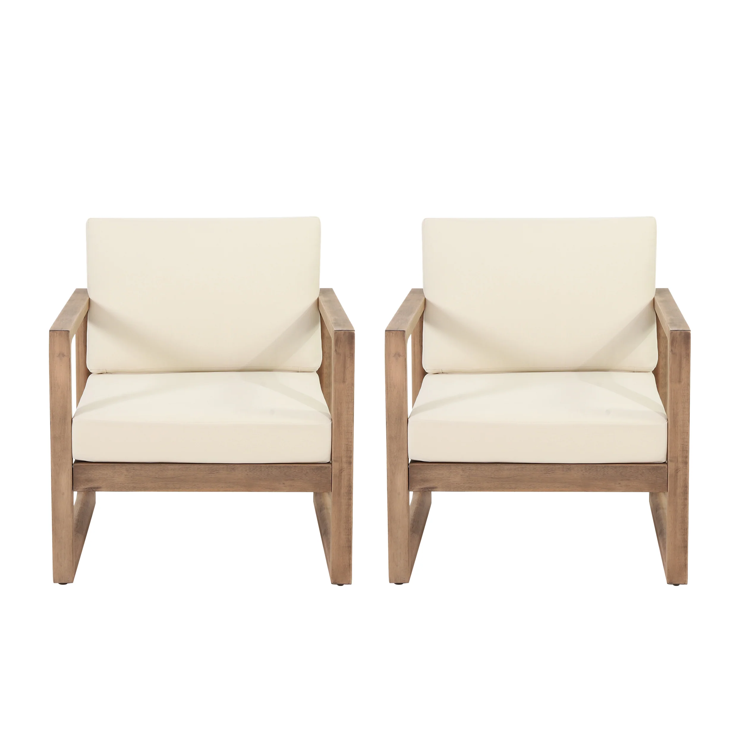 Petteti Outdoor Acacia Wood Club Chairs with Cushions, Set of 2, Brown and Beige - furnishings