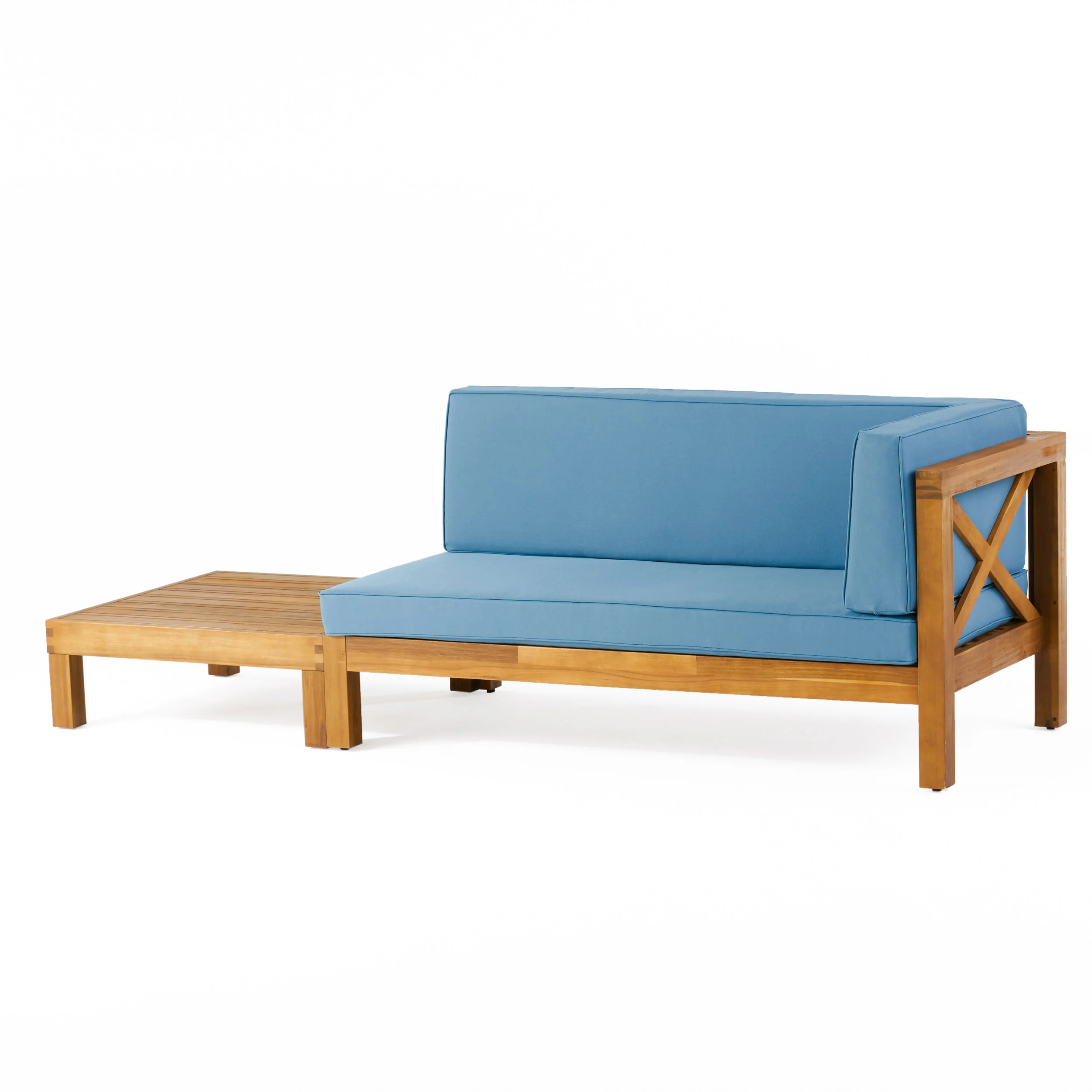 Keith Outdoor Acacia Wood Right Arm Loveseat and Coffee Table Set with Cushion - furnishings
