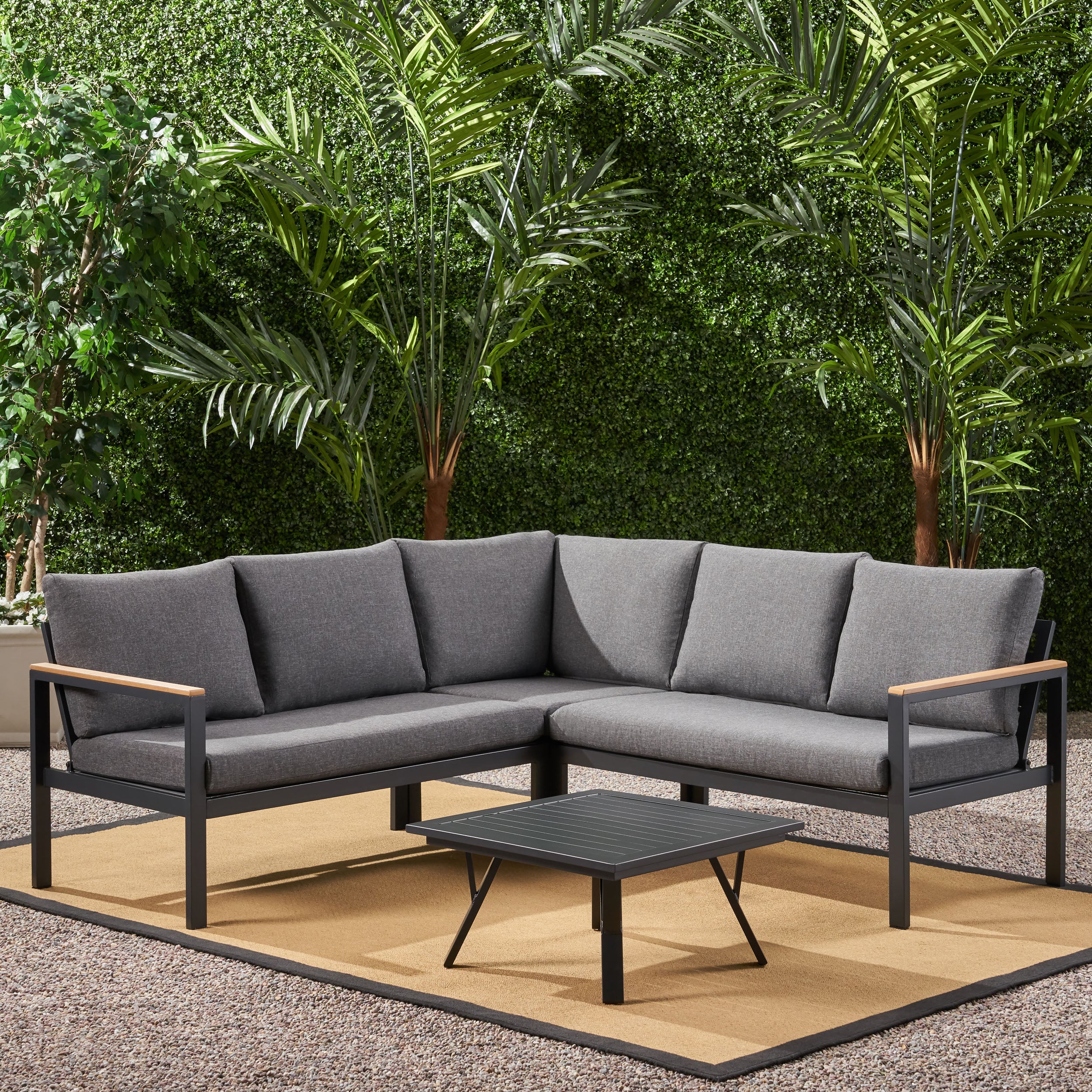 Jessica Outdoor Aluminum V-Shaped Sofa Set with Faux Wood Accents, Gray Finish and Gray - furnishings