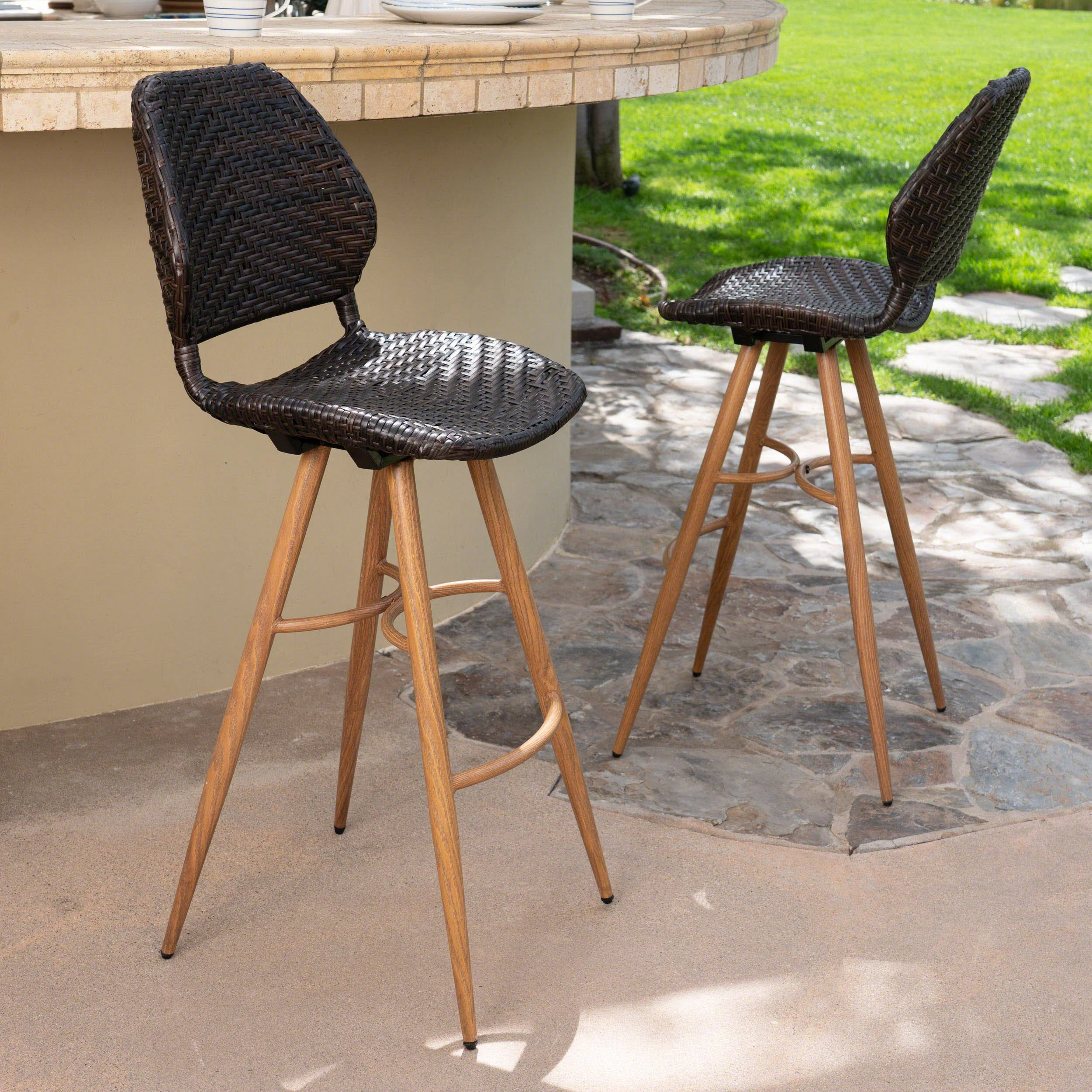 Amaya Outdoor Multi-brown Wicker Barstools with Brown Wood Finish Metal Leg - furnishings