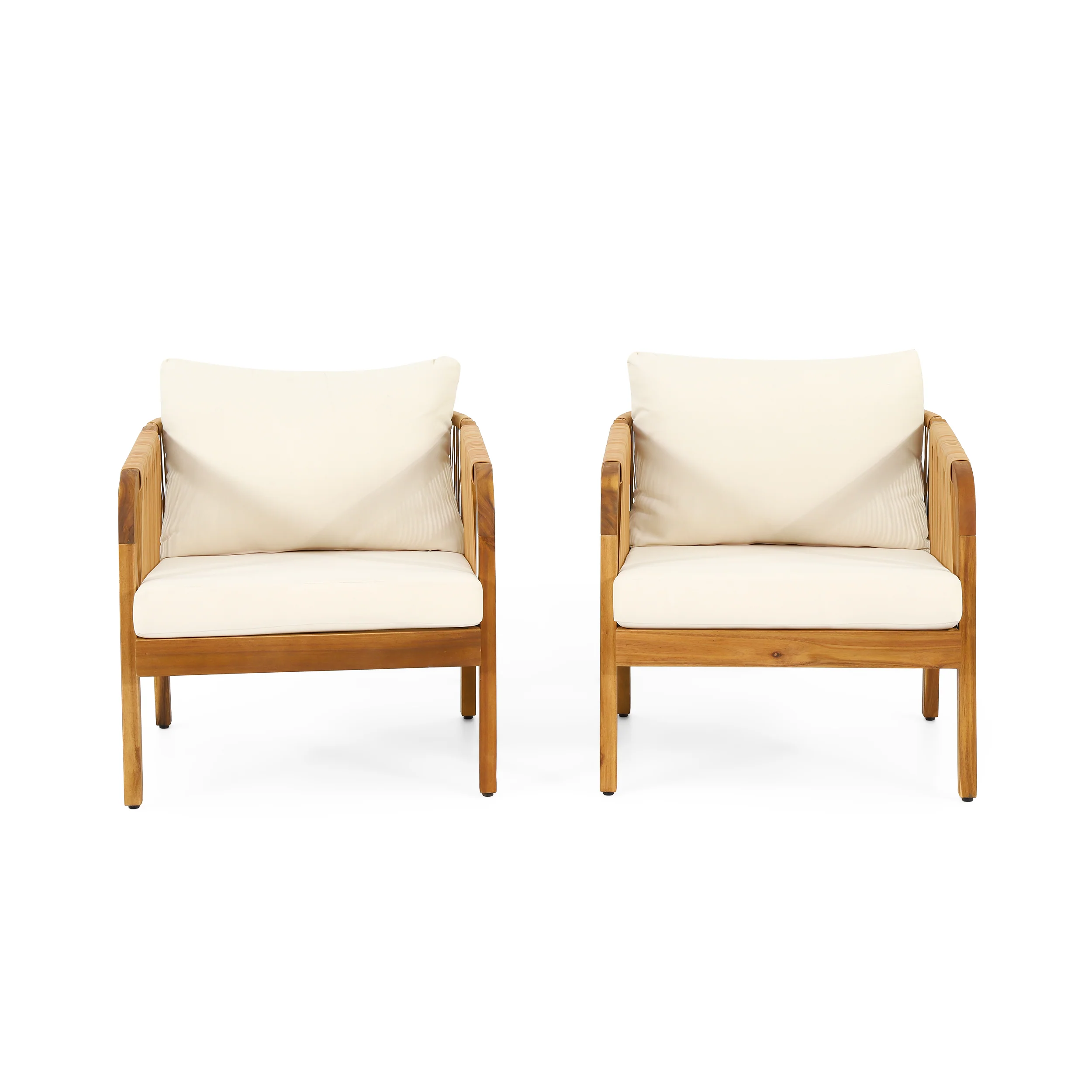 Allerton Outdoor Acacia Wood and Wicker Club Chairs with Cushions, Set of 2, Teak, Light Brown, and Beige - furnishings