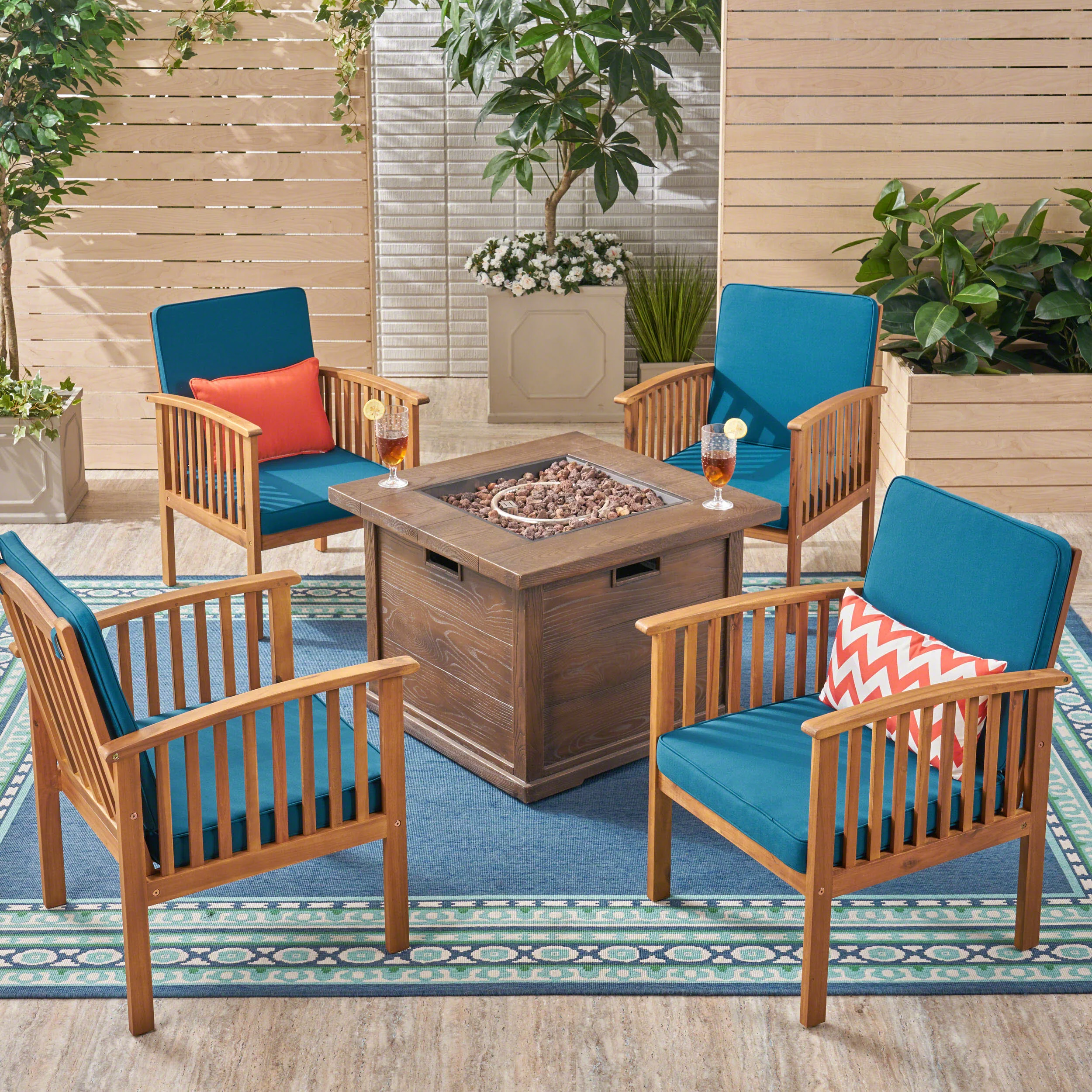 Cape Outdoor 4-Seater Acacia Wood Club Chairs with Firepit - furnishings
