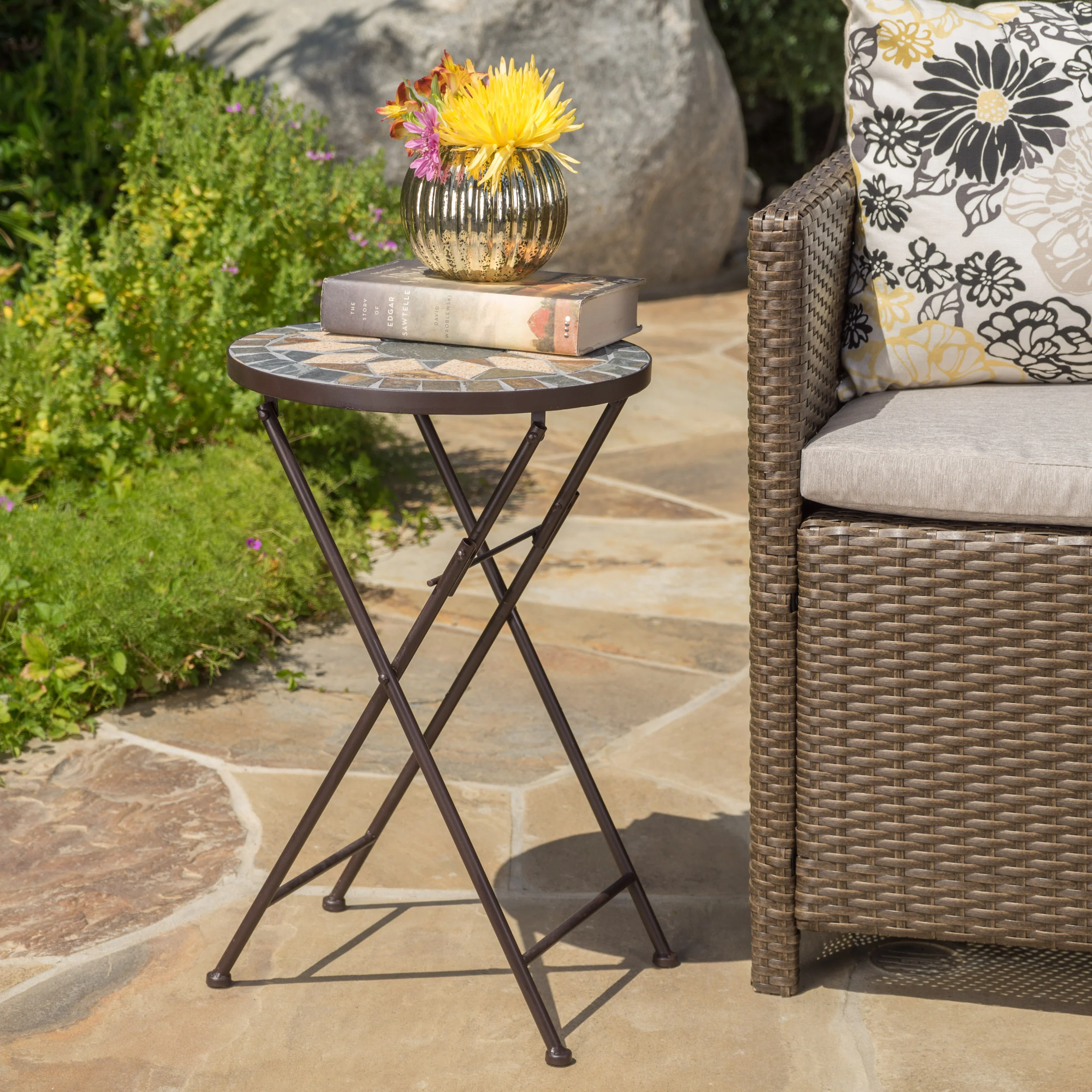 Sandor Outdoor Beige and Black Stone Side Table with Iron Frame - furnishings