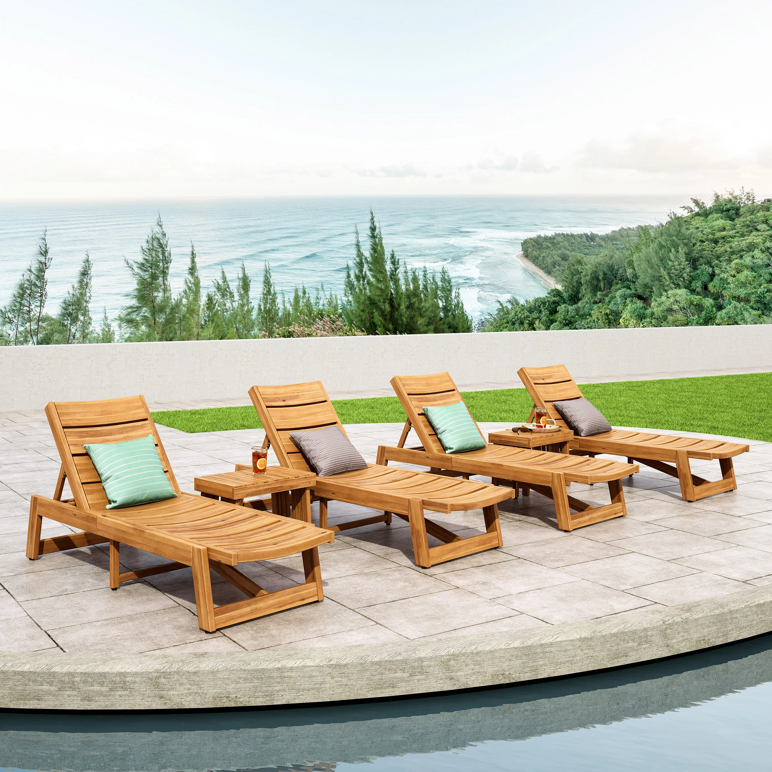 Karyme Outdoor Acacia Wood 6 Piece Chaise Lounge Set - furnishings