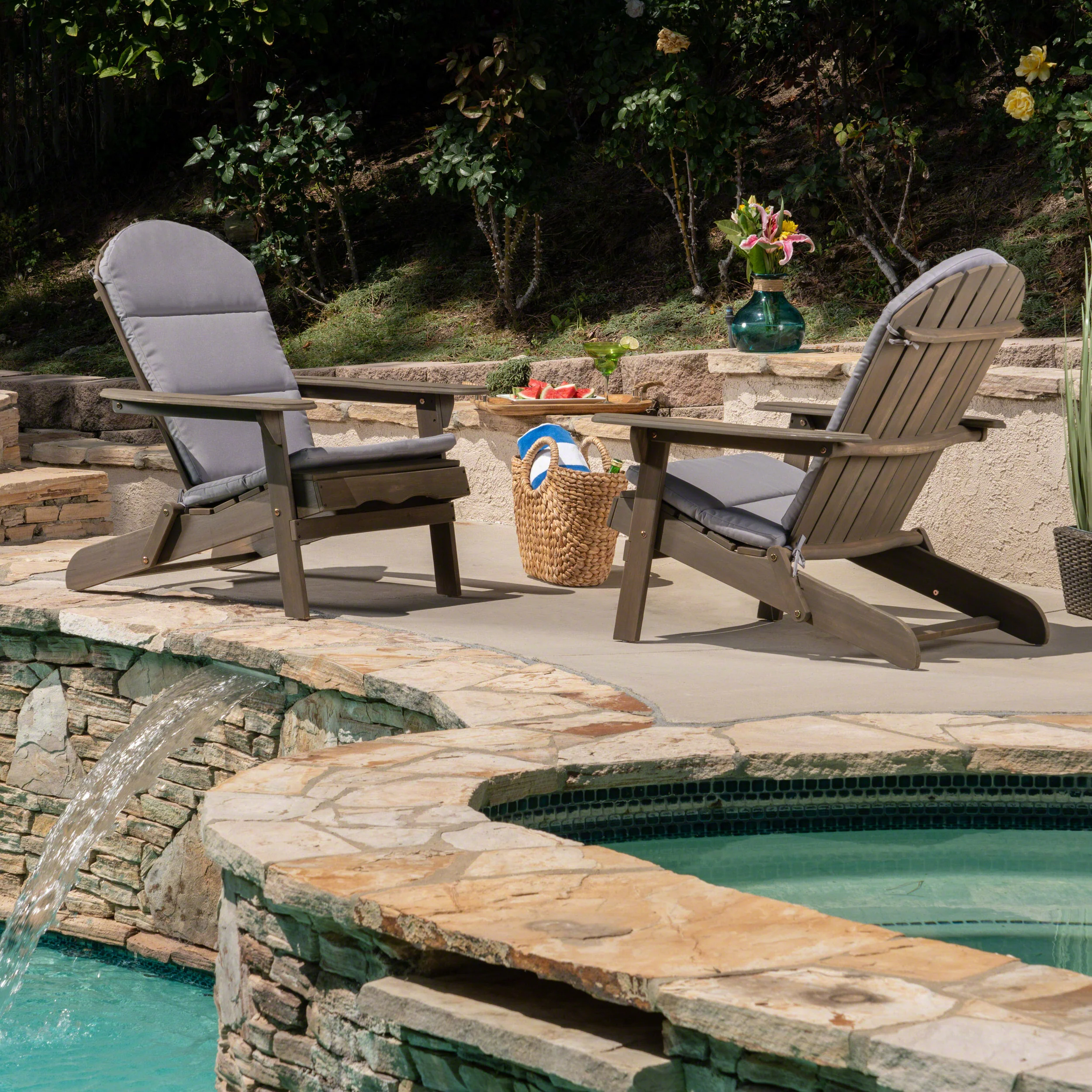 Amenda Outdoor Acacia Wood Folding Adirondack Chairs with Cushions - furnishings