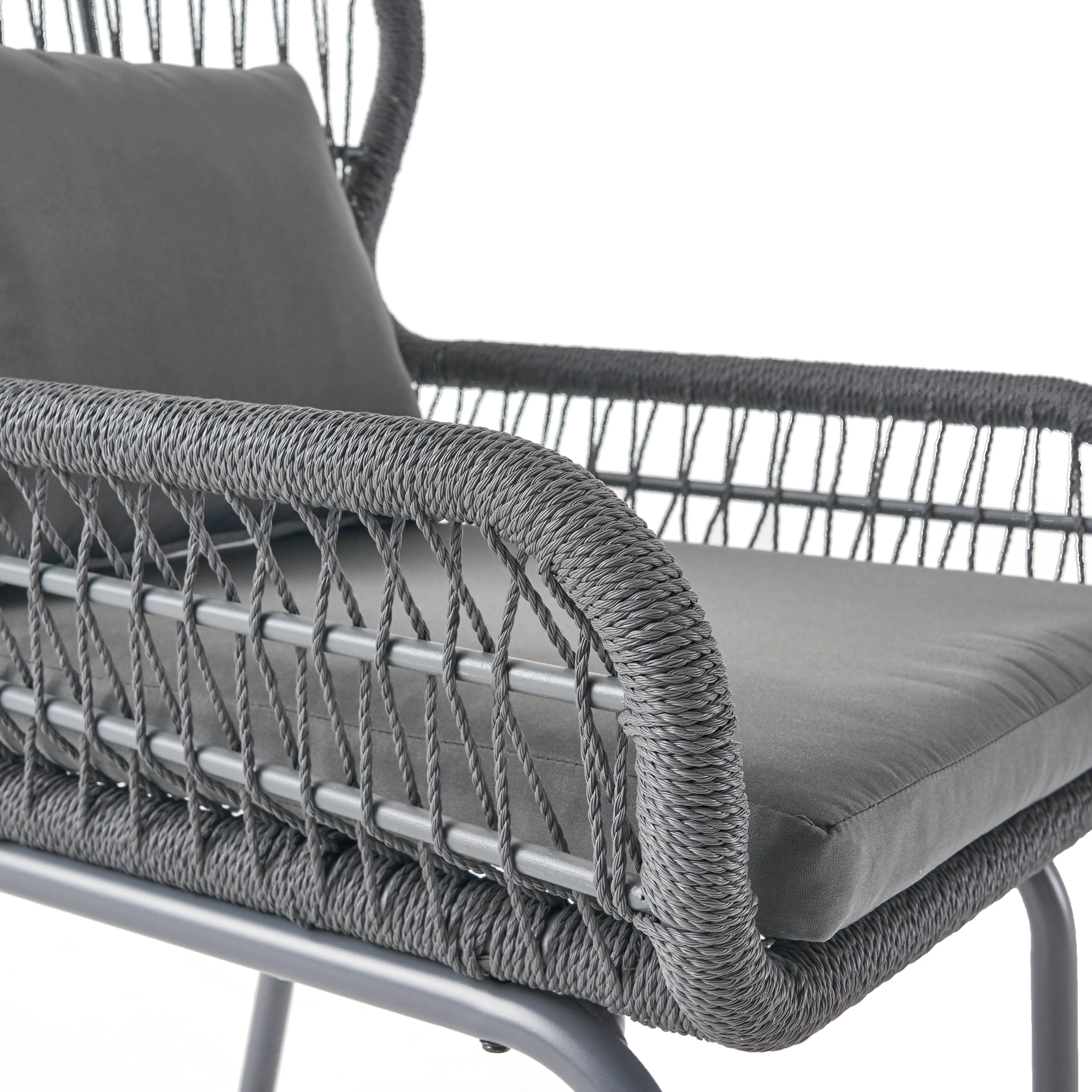 Karen Patio Conversation Set, 2-Seater with Accent Table, Iron and Rope with Water-Resistant Cushions - furnishings