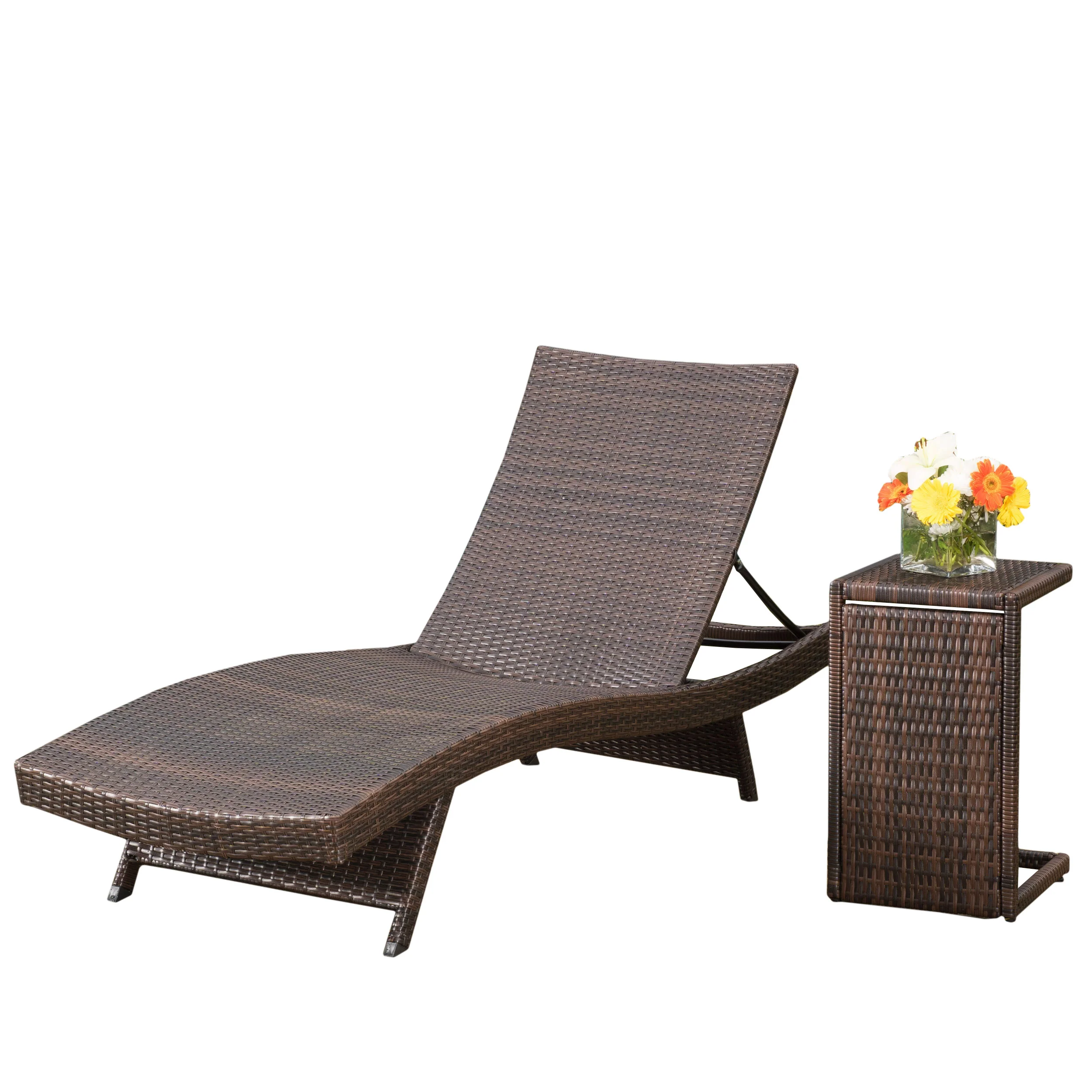 Modern Multi-Brown Wicker Chaise Lounge Set with C-Shaped End Table - furnishings