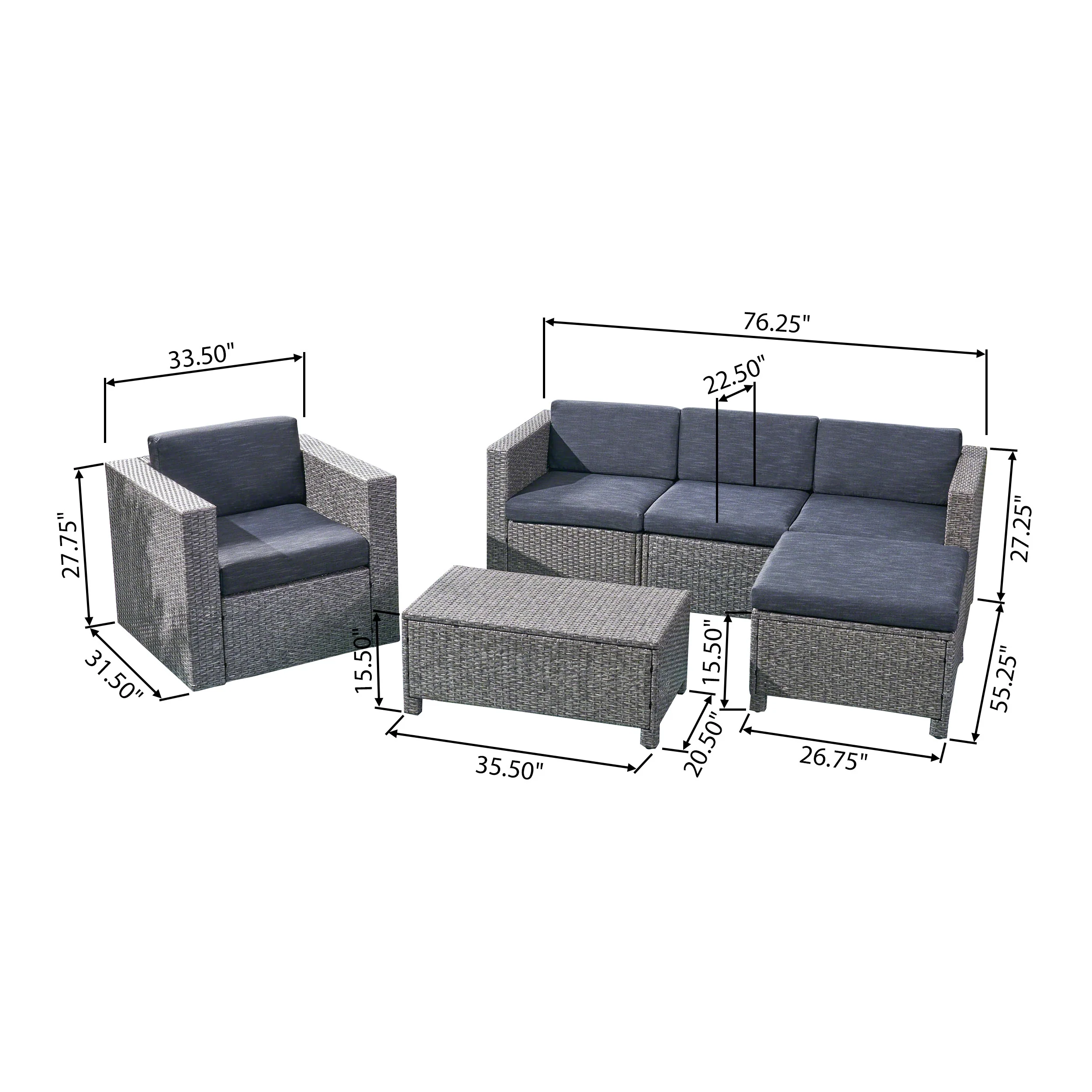Buzz Outdoor 4 Seater Wicker L-Shaped Sectional Sofa Set with Cushions, Mixed Black with Dark Grey Cushions - furnishings