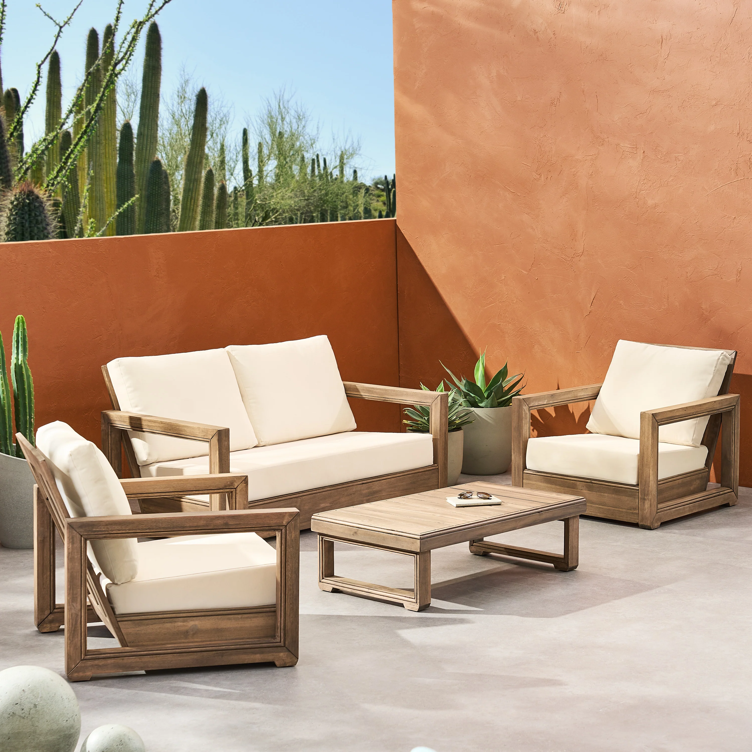 Andrae Outdoor 4 Seater Acacia Wood Chat Set with Water Resistant Cushions - furnishings