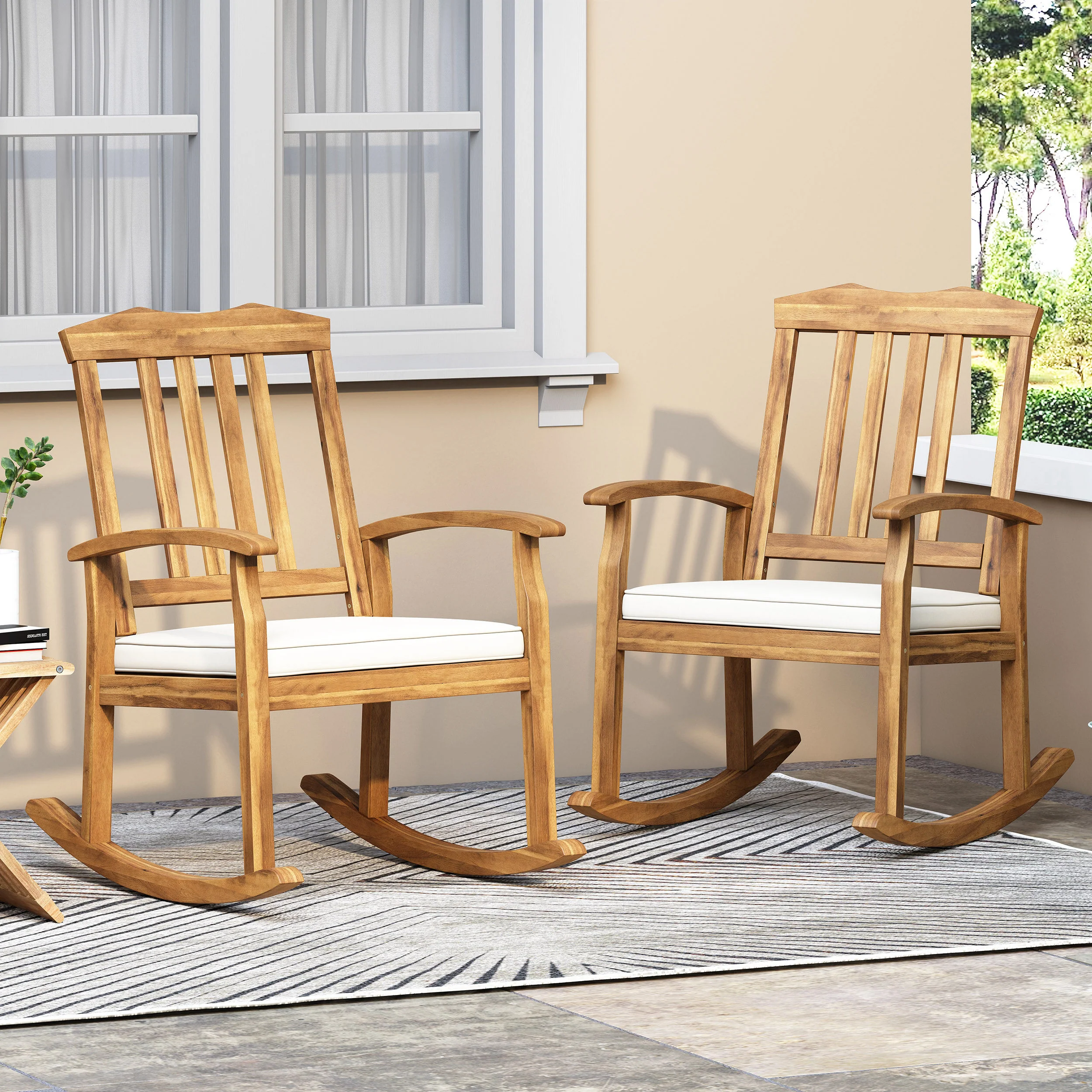 Kessler Outdoor Acacia Wood Rocking Chair with Cushion, Set of 2, Teak and Beige - furnishings