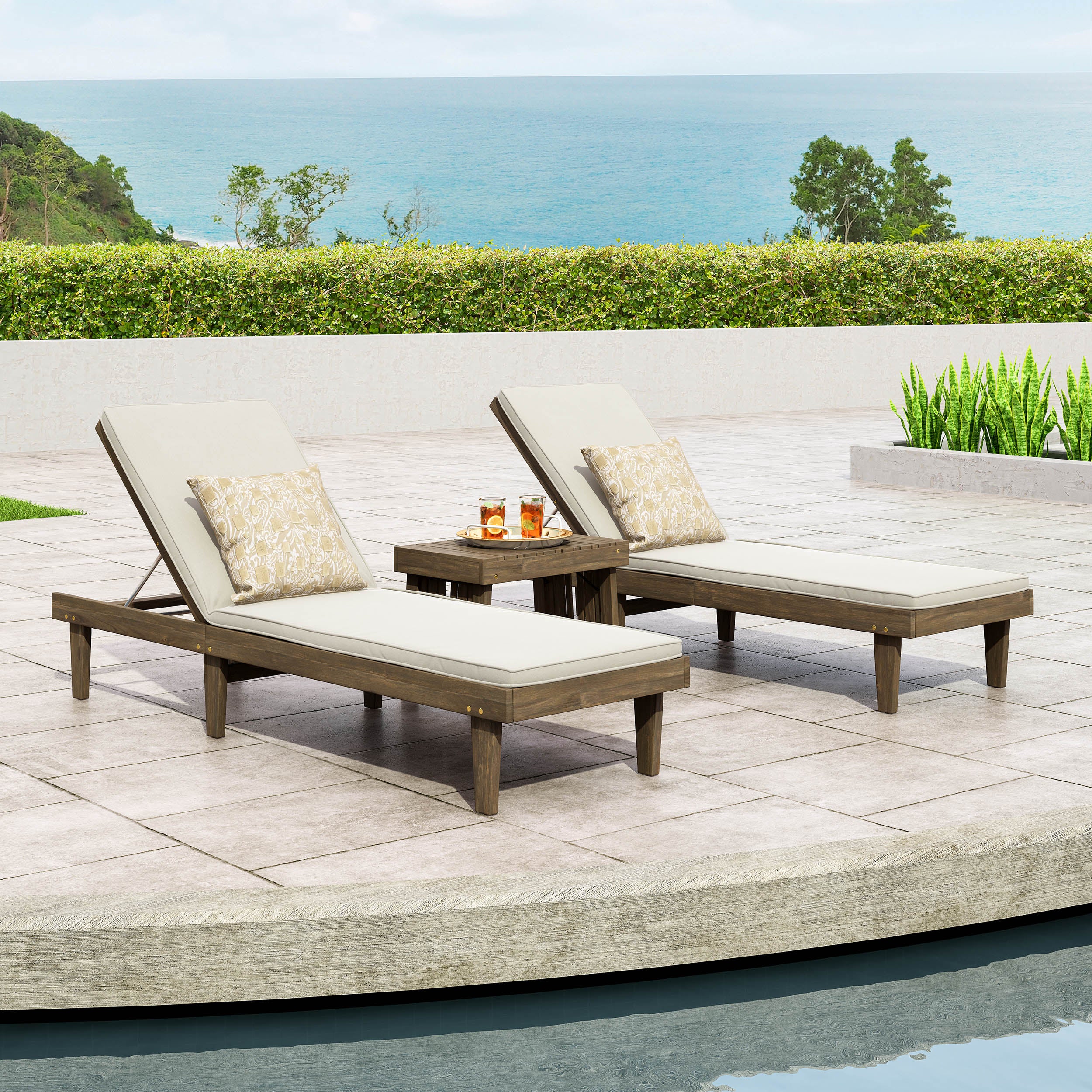 Addisyn Outdoor Acacia Wood 3 Piece Chaise Lounge Set with Water-Resistant Cushions - furnishings