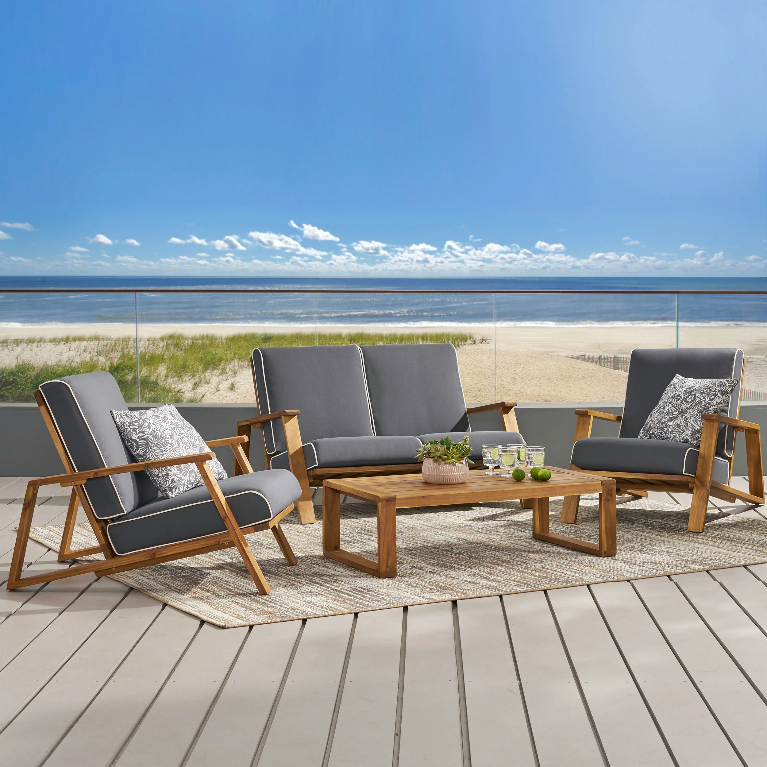 Youssef Outdoor Acacia Wood 4 Seater Chat Set with Cushions - furnishings