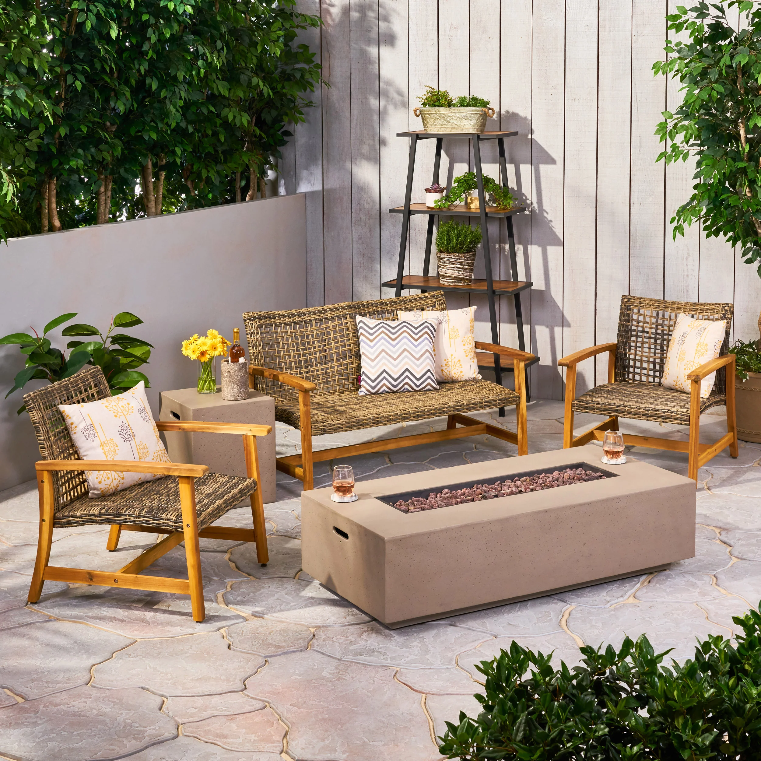 Tabby Outdoor 5 Piece Wood and Wicker Chat Set with Fire Pit - furnishings