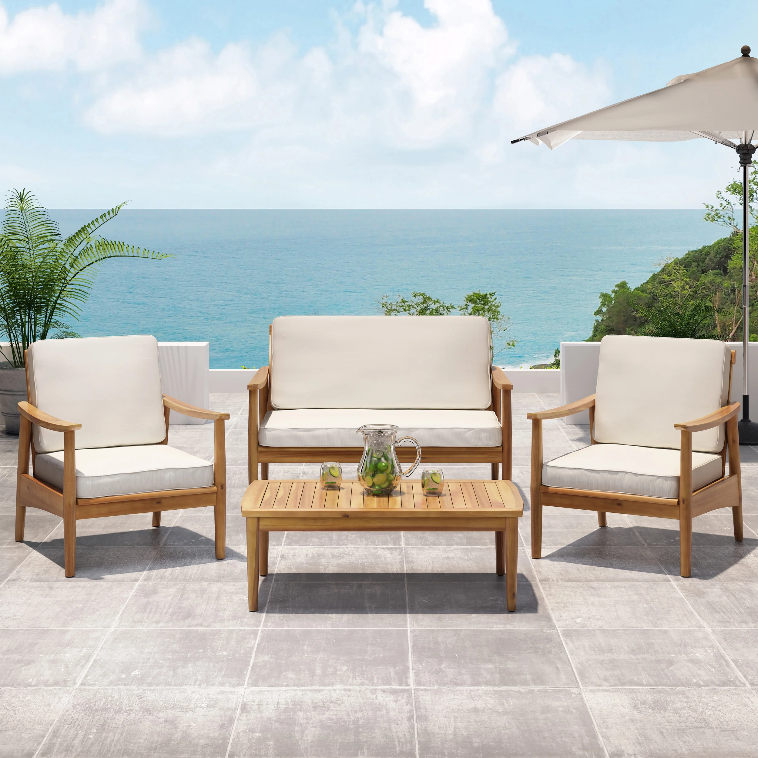 Emmry Outdoor Acacia Wood 4 Seater Chat Set with Coffee Table - furnishings