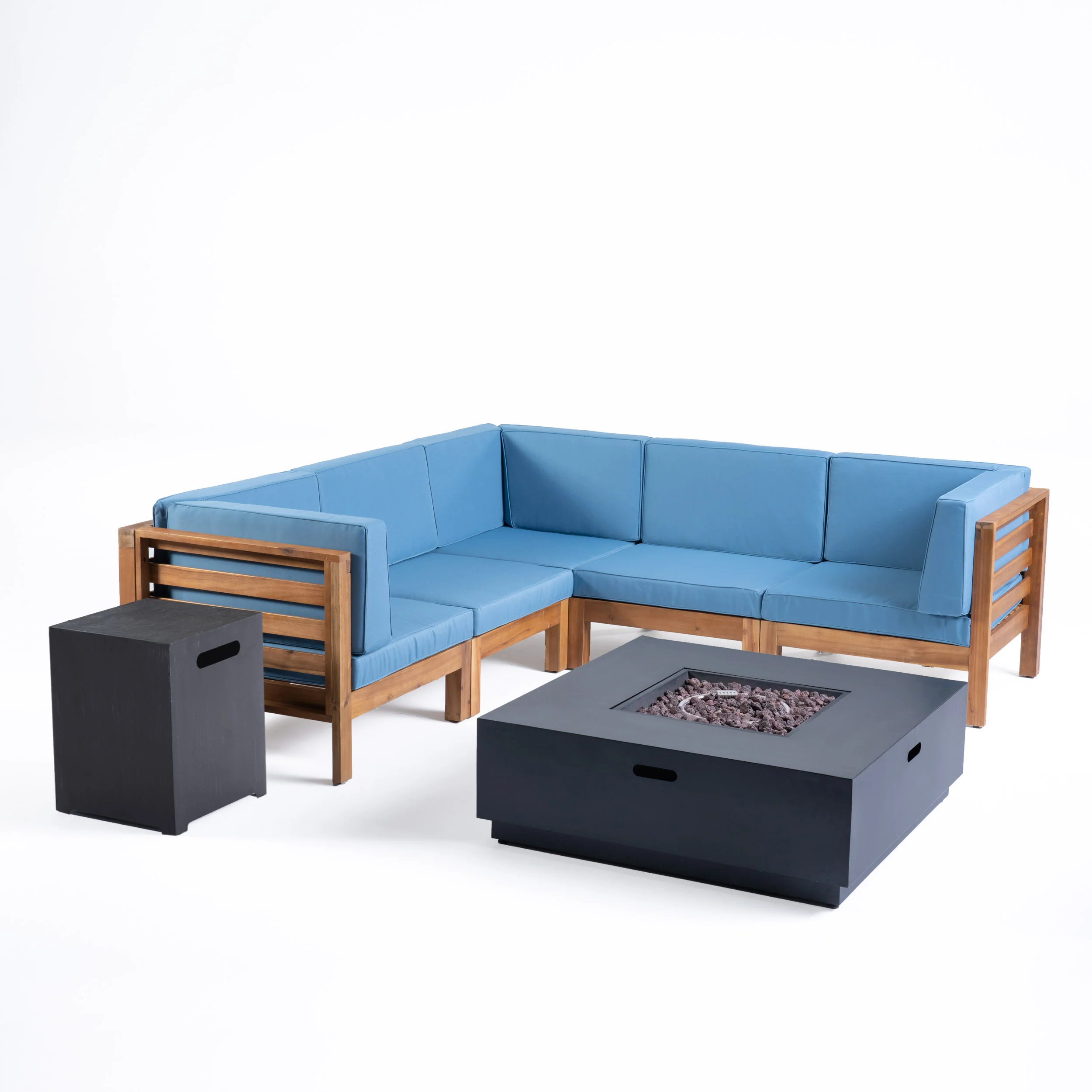 Krystin Outdoor 7 Piece V-Shaped Acacia Wood Sectional Sofa Set with Fire Pit and Outdoor Cushions - furnishings