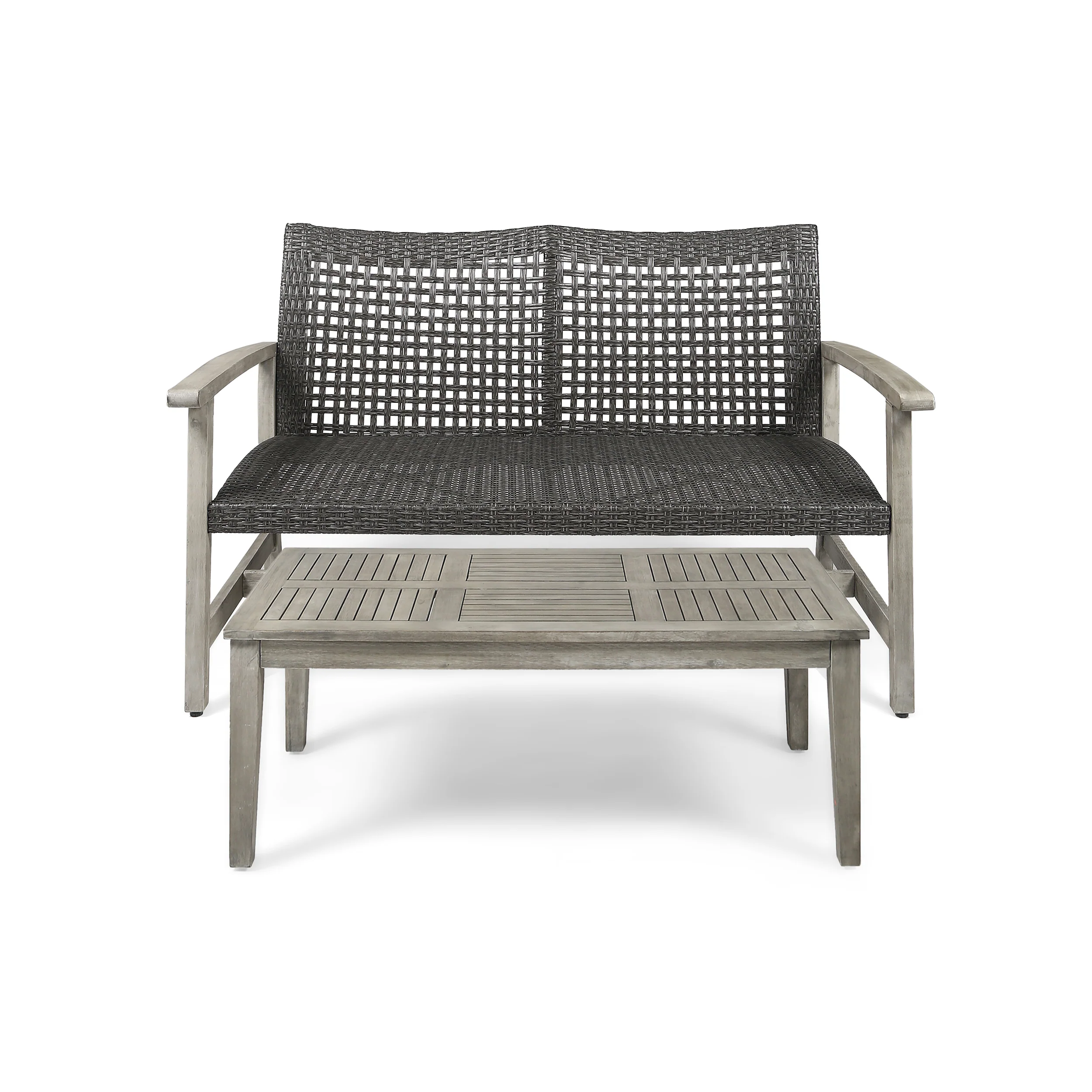 Spring Spender Outdoor Wood and Wicker Loveseat and Coffee Table Set - furnishings