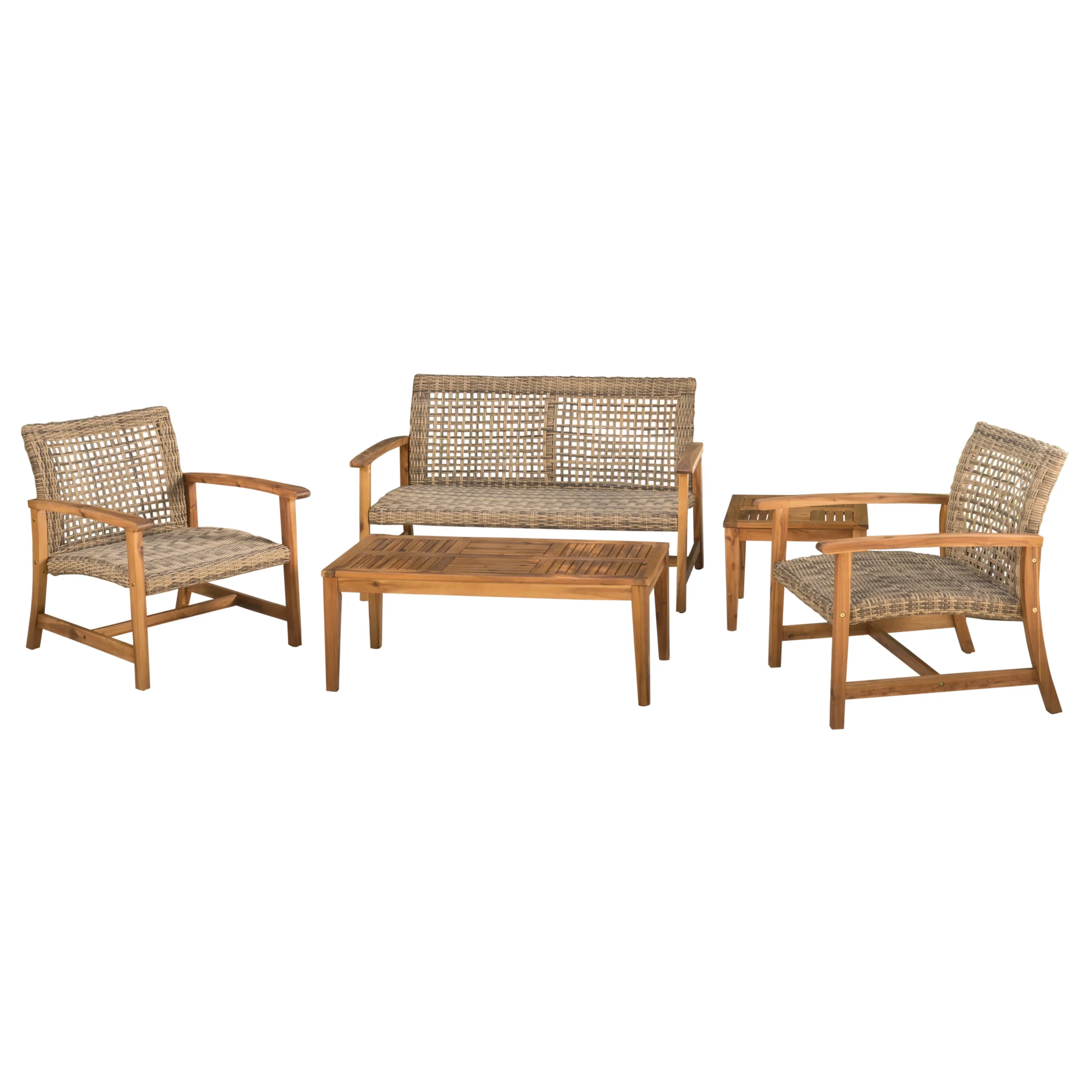 Hunter Outdoor 4 Piece Wicker Chat Set with Natural Stained Acacia Wood Frame - furnishings