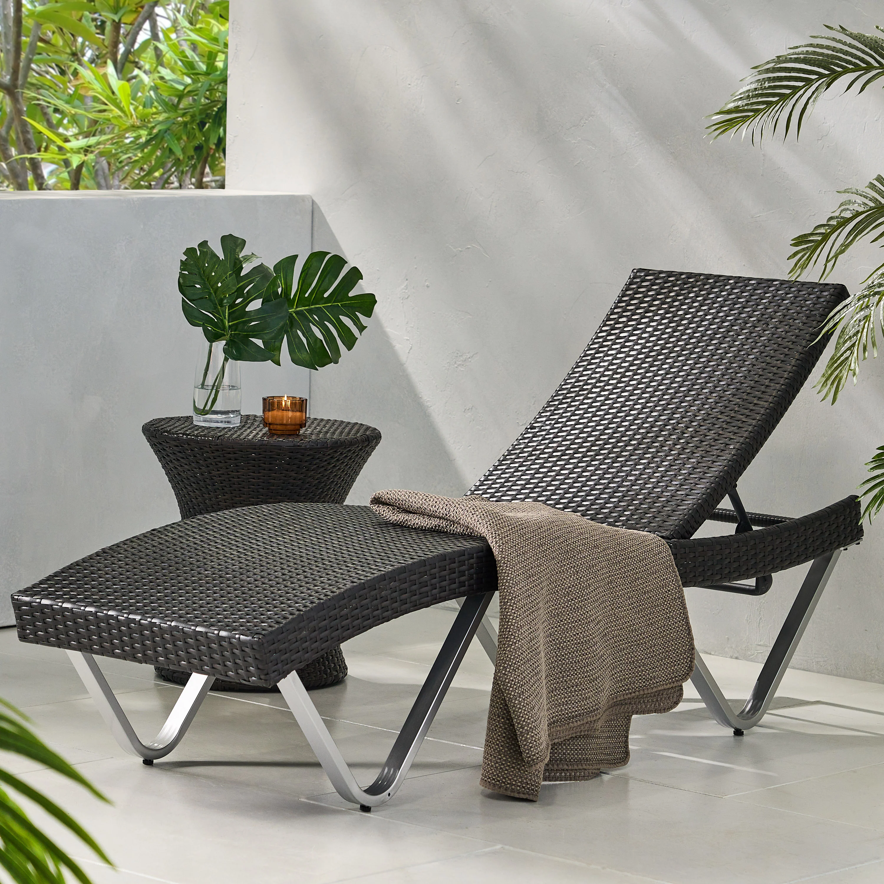 Manuela Outdoor Multi Brown Wicker Chaise Lounge with Table - furnishings