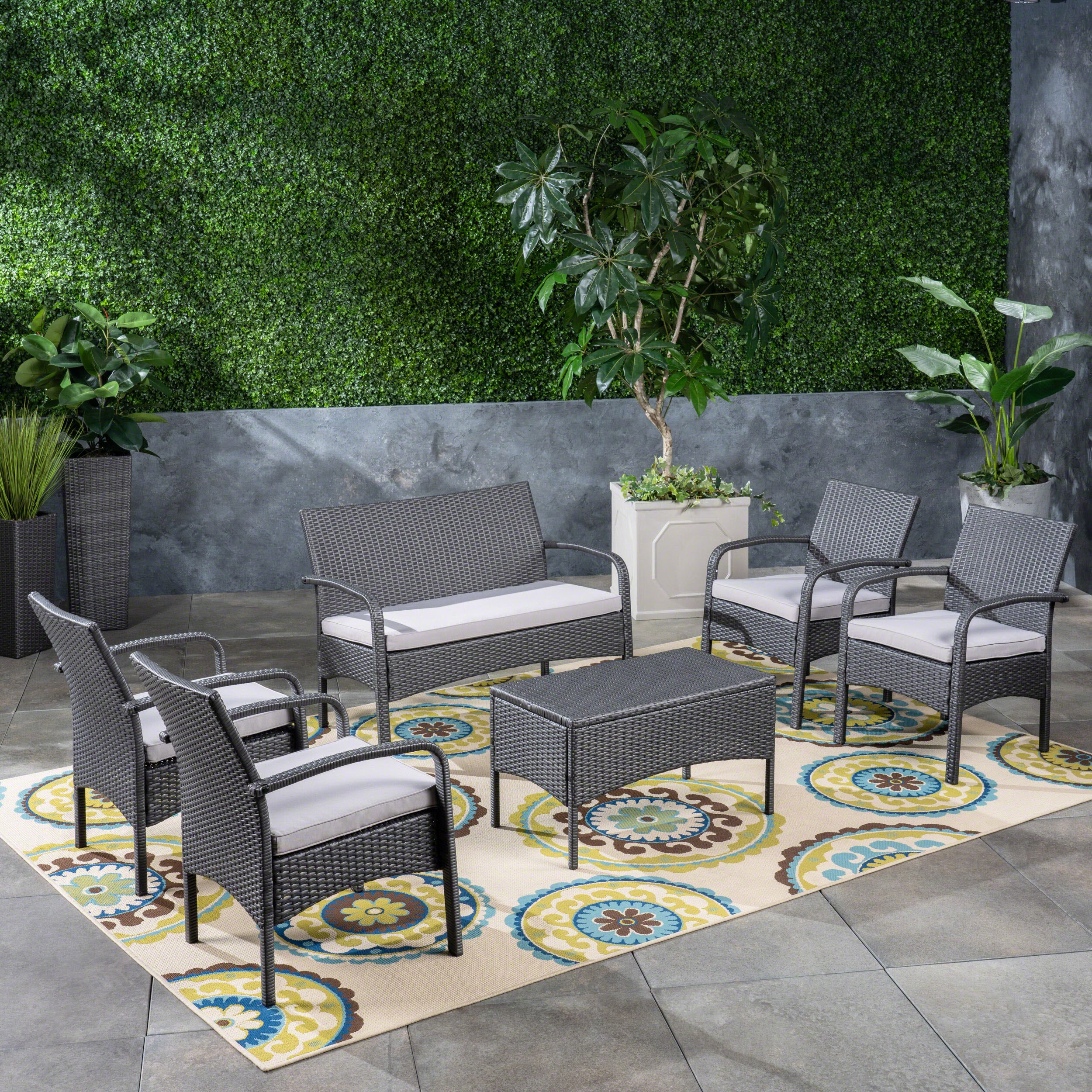Mavis Patio Conversation Set, 6-Seater with Loveseat, Club Chairs, and Coffee Table, Gray Wicker with Light Gray Outdoor Cushions - furnishings
