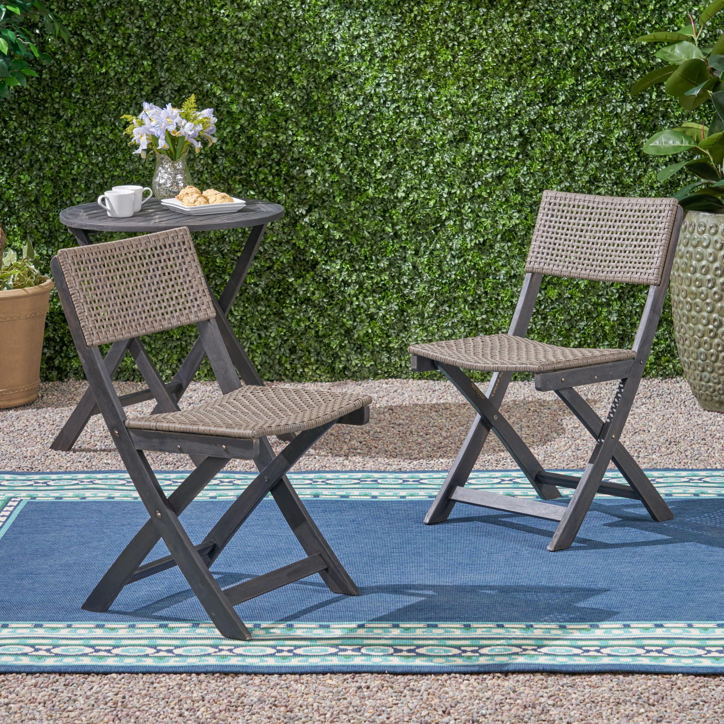 Truda Outdoor Acacia Wood Foldable Bistro Chairs with Wicker Seating (Set of 2) - furnishings