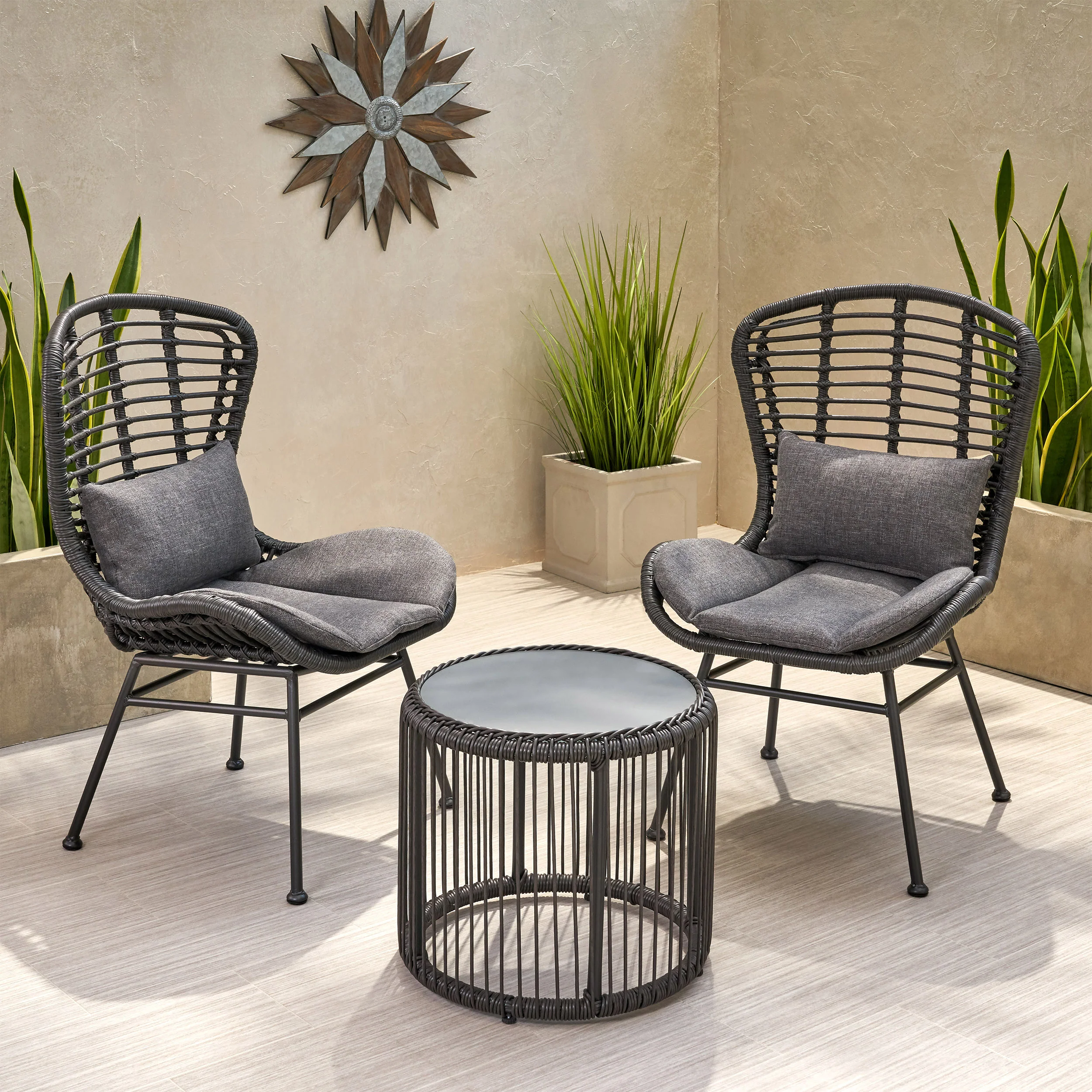 Keslynn Outdoor Modern Boho 2 Seater Wicker Chat Set with Side Table - furnishings