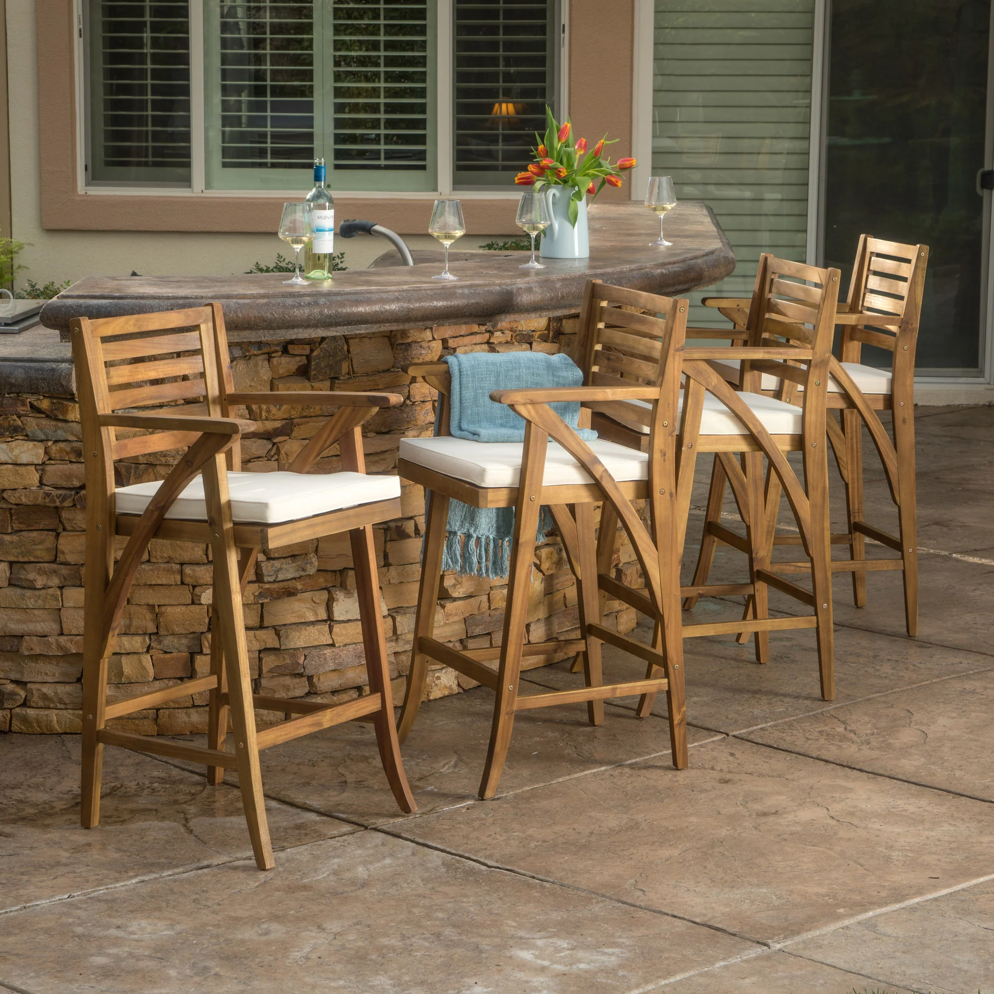 Anguilla 30-Inch Teak Finish Acacia Wood Outdoor Barstools - furnishings