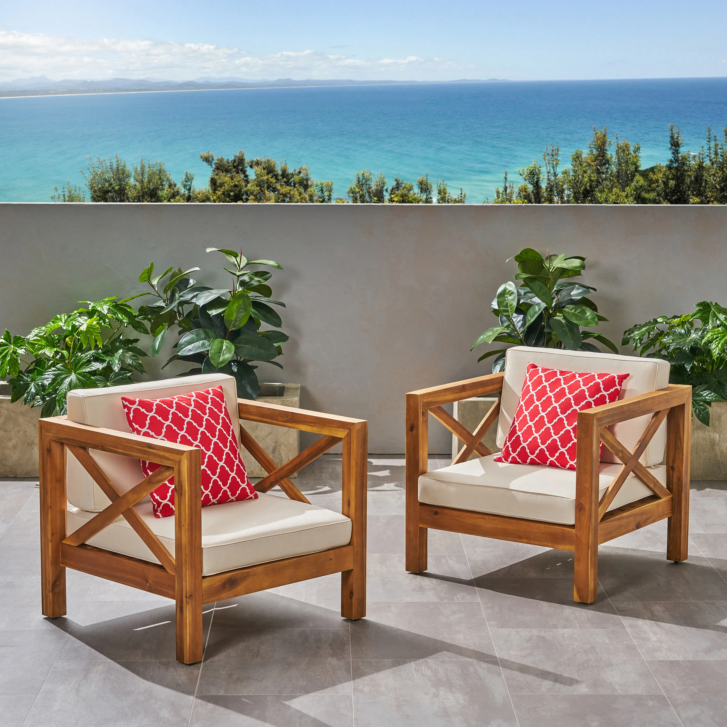 Indira Outdoor Acacia Wood Club Chairs with Cushions (Set of 2) - furnishings