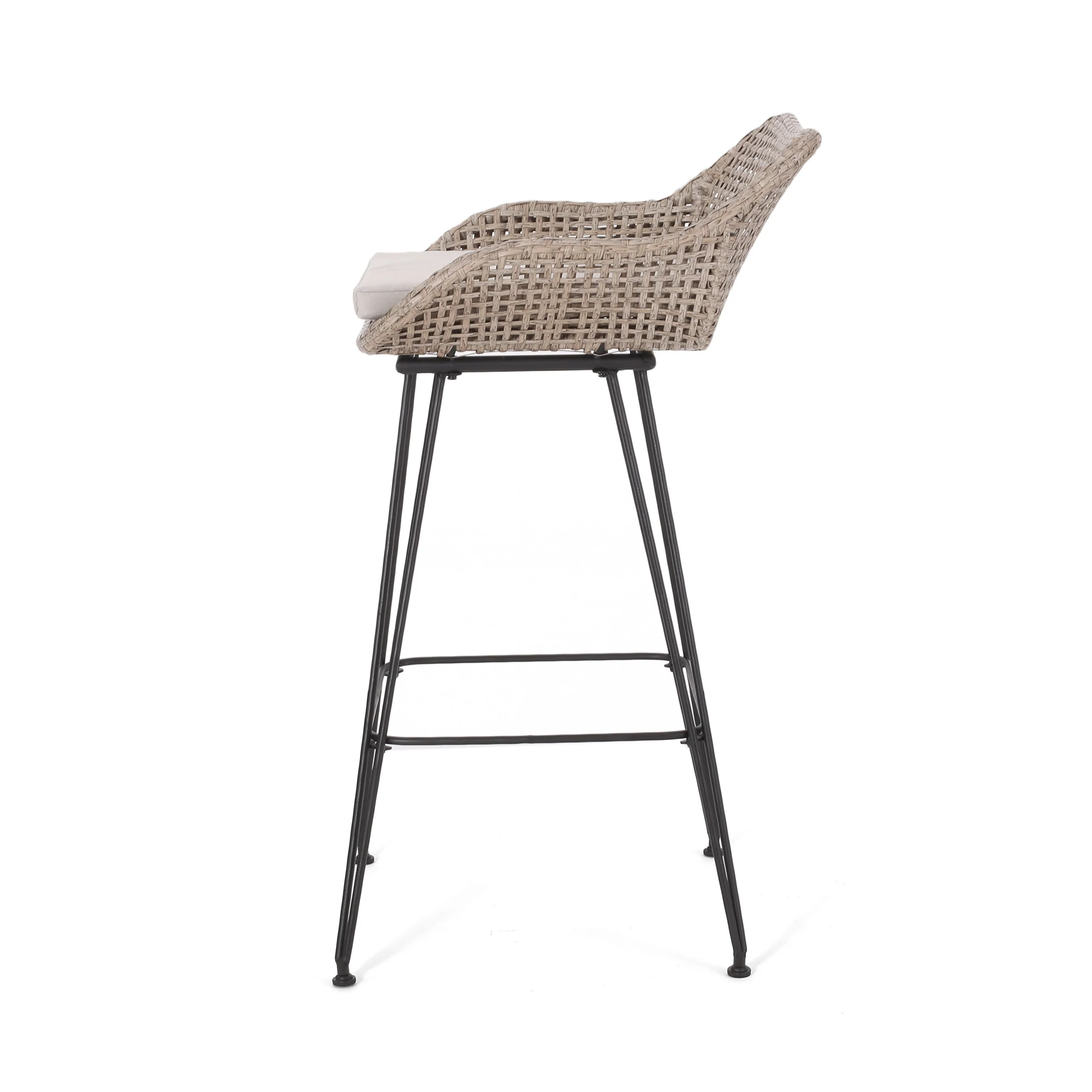 Pondway Outdoor Wicker and Iron Barstools with Cushion, Set of 4 - furnishings