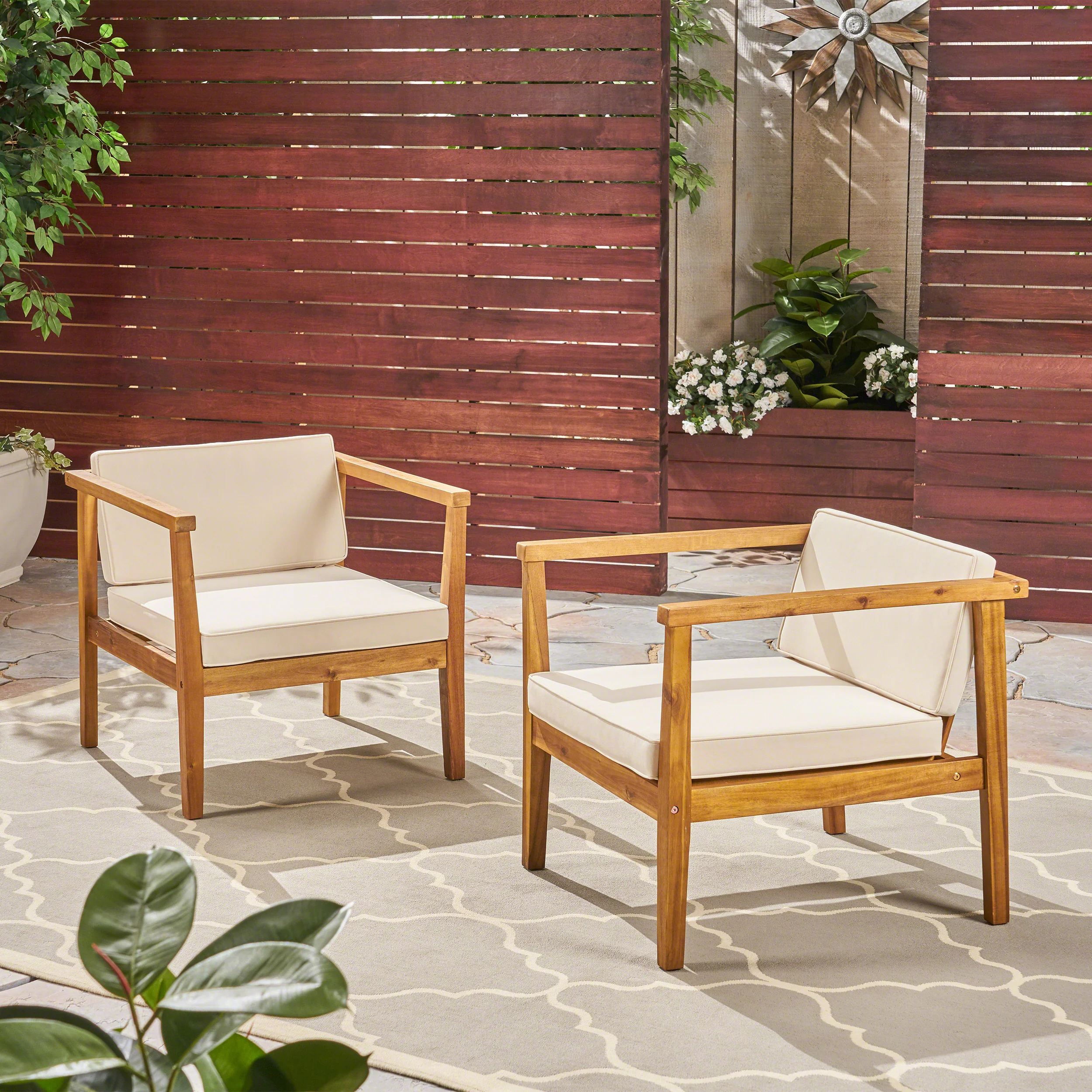 Thomson Outdoor Acacia Wood Club Chairs with Water-Resistant Cushions (Set of 2) - furnishings