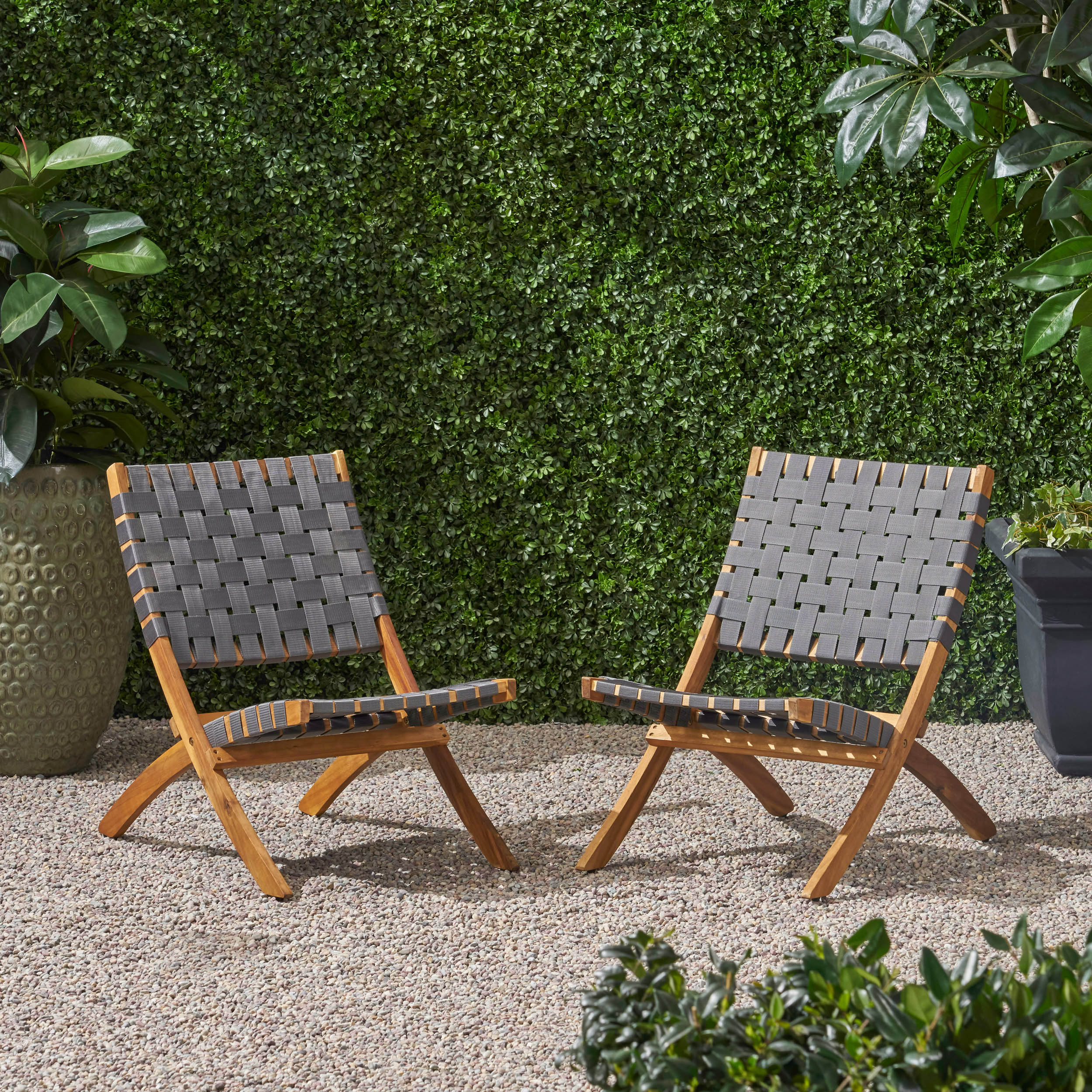 Riley Outdoor Acacia Wood Foldable Chairs (Set of 2), Brown Patina and Gray Straps - furnishings