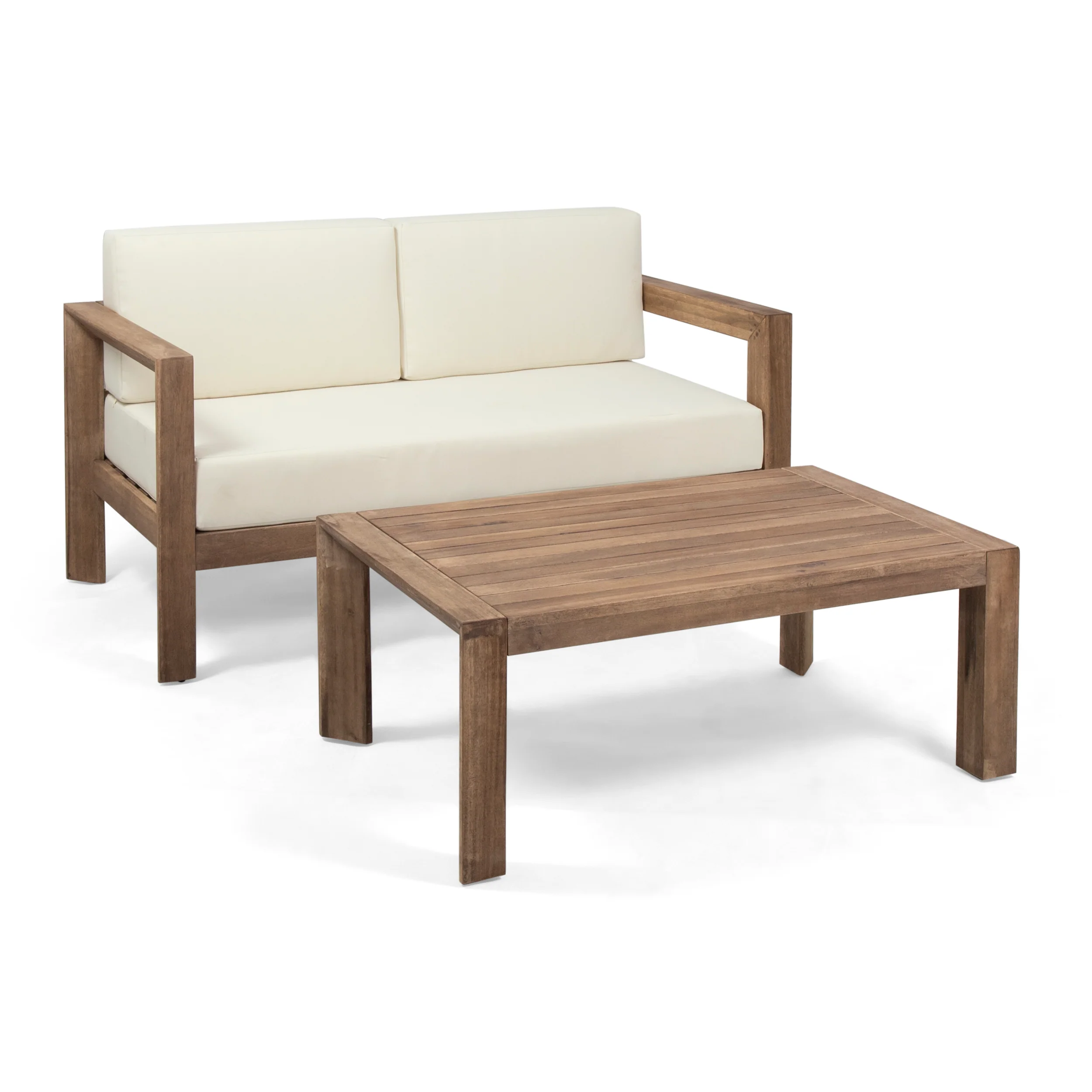 Lucia Outdoor 2 Seater Wooden Loveseat and Coffee Table Chat Set with Cushions, Beige and Brown Finish - furnishings