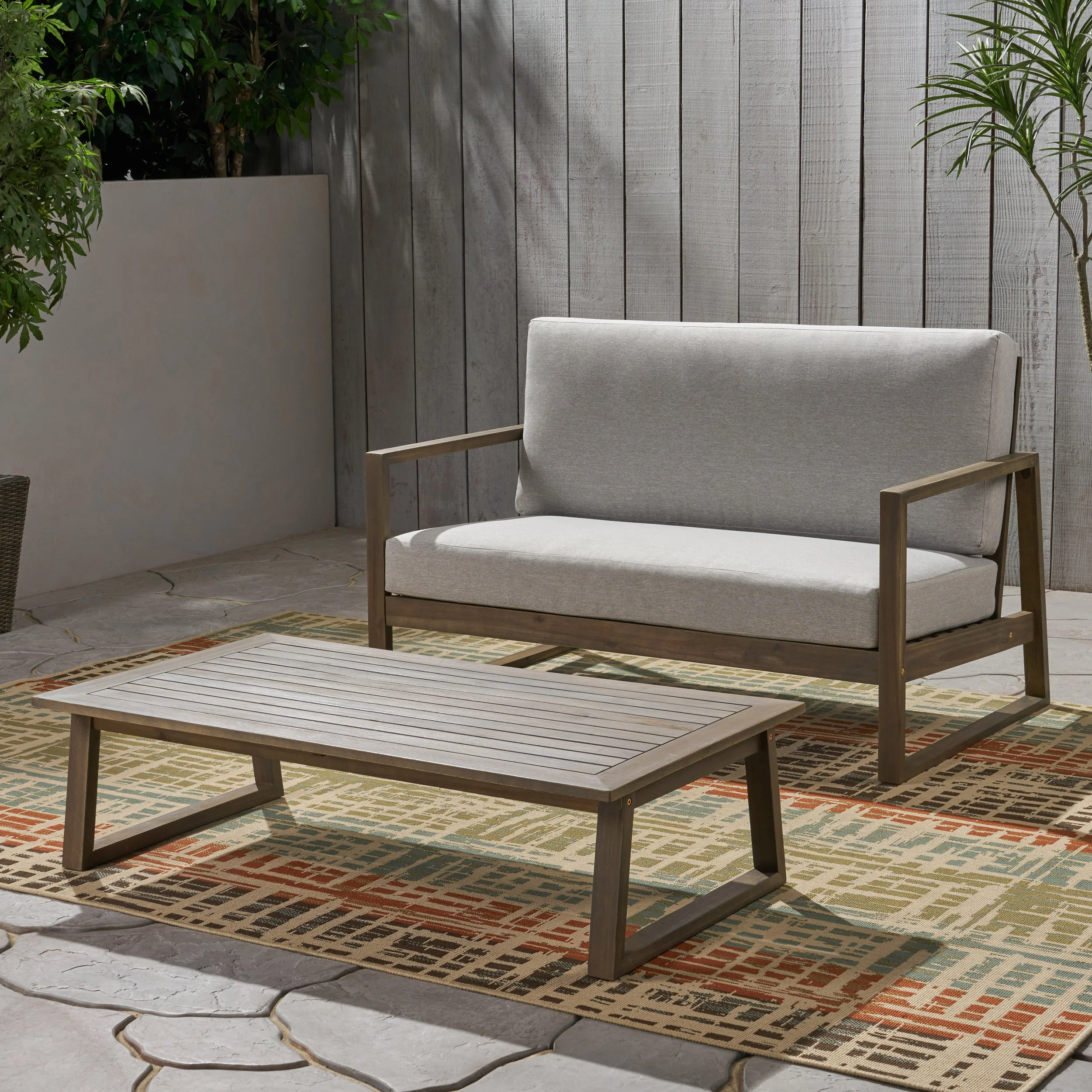 Marlee Outdoor Acacia Wood Chat Set with Coffee Table - furnishings