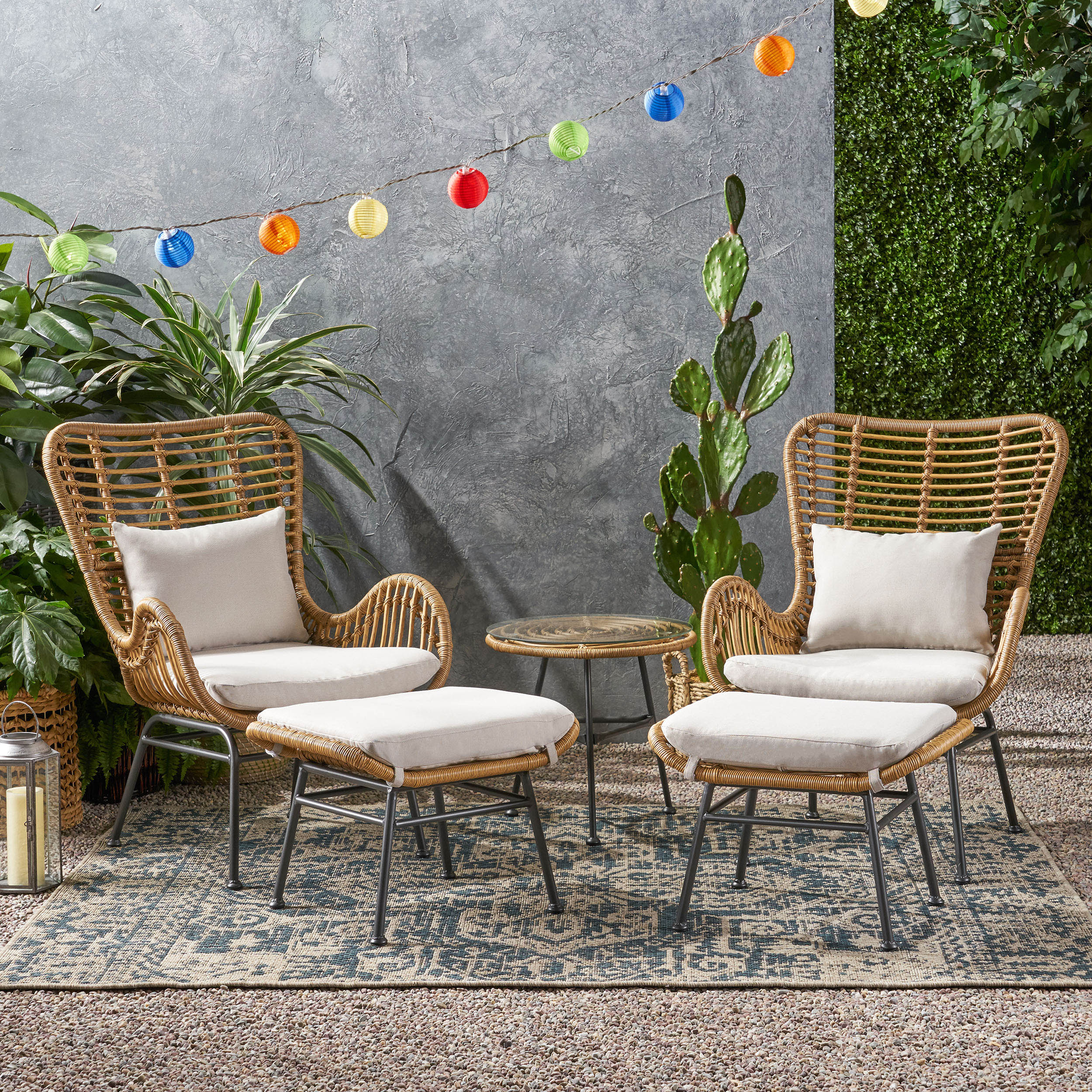 Pooneli Outdoor 5 Piece Wicker Chat Set with Ottomans - furnishings