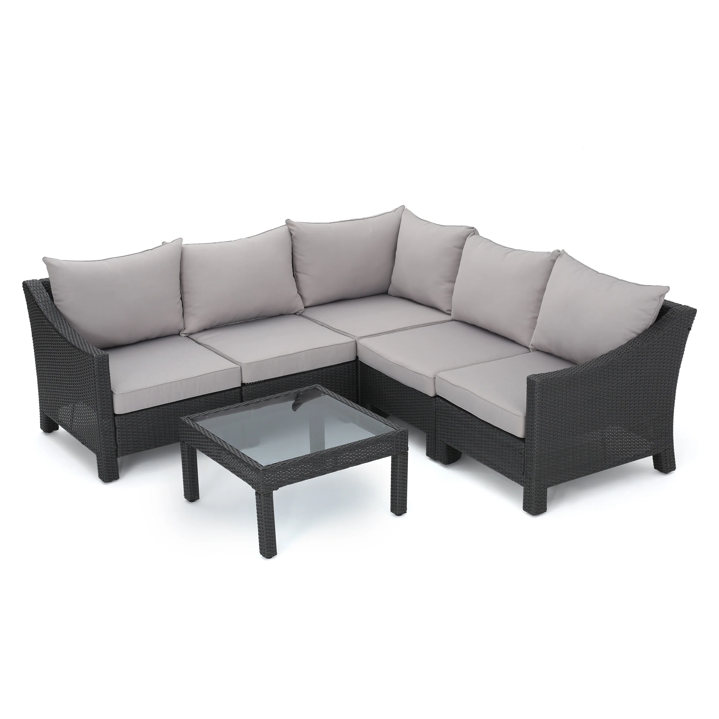 Caspian 6pc Outdoor Wicker V-shaped Sectional Sofa Set w/ Cushions - furnishings